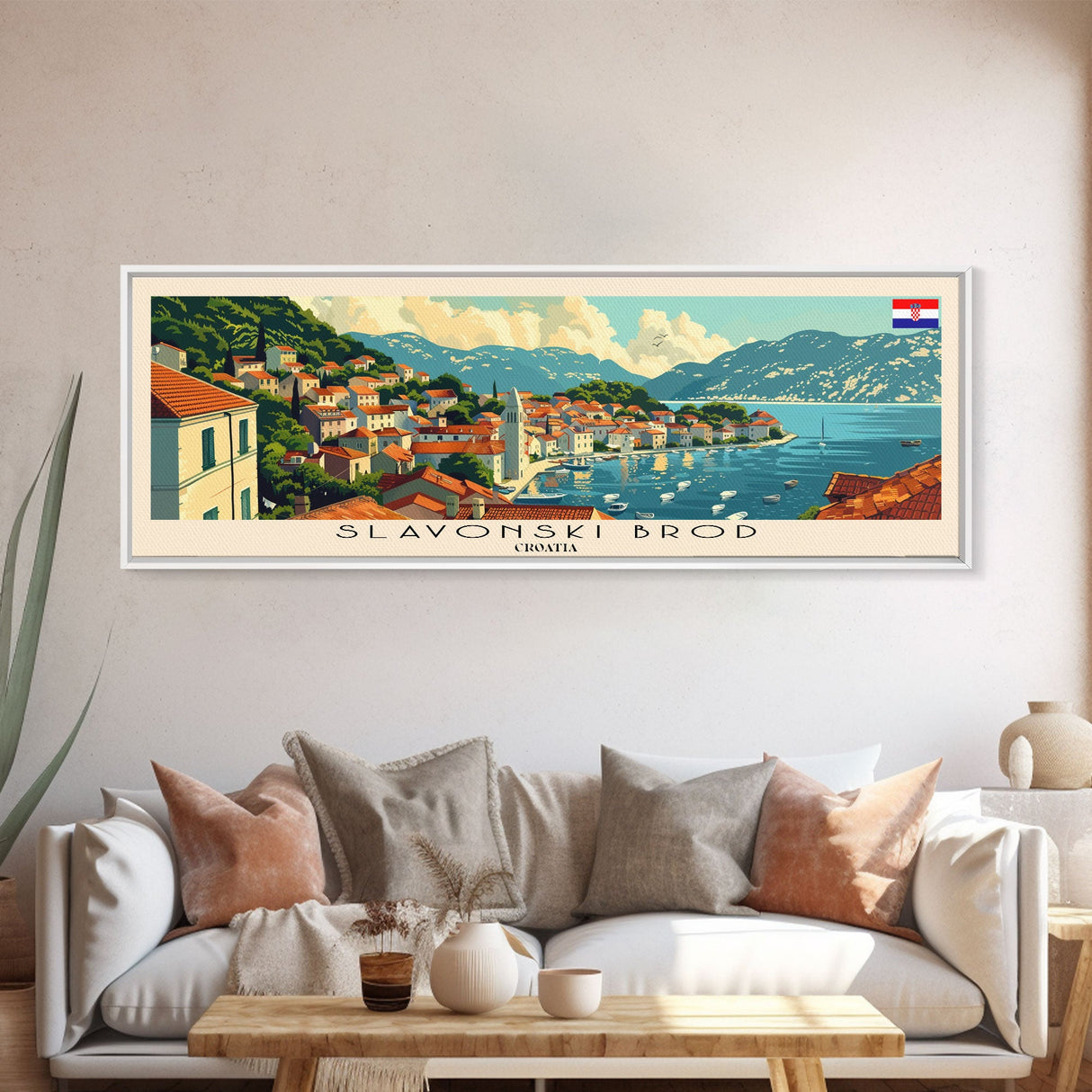 Slavonski Brod Croatia Panoramic Travel Poster, Framed Canvas Print or Metal Wall Art, Travel Art, Home Decor, Panoramic Painting, Midcentury Art