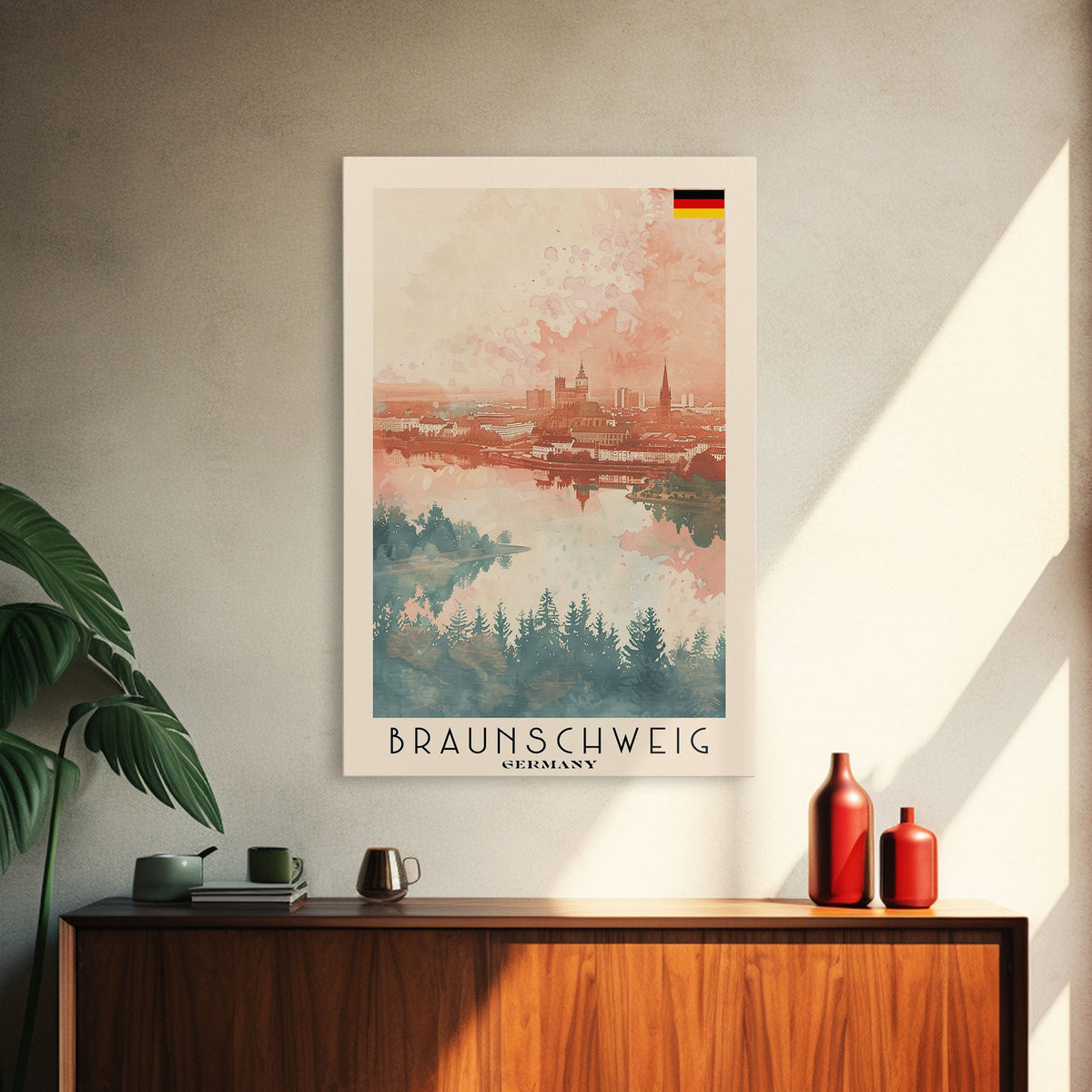 Braunschweig Germany Travel Poster Framed Canvas Print, Cityscape Art, Wall Decor, Travel Print, Watercolor Painting, Urban Scene Art