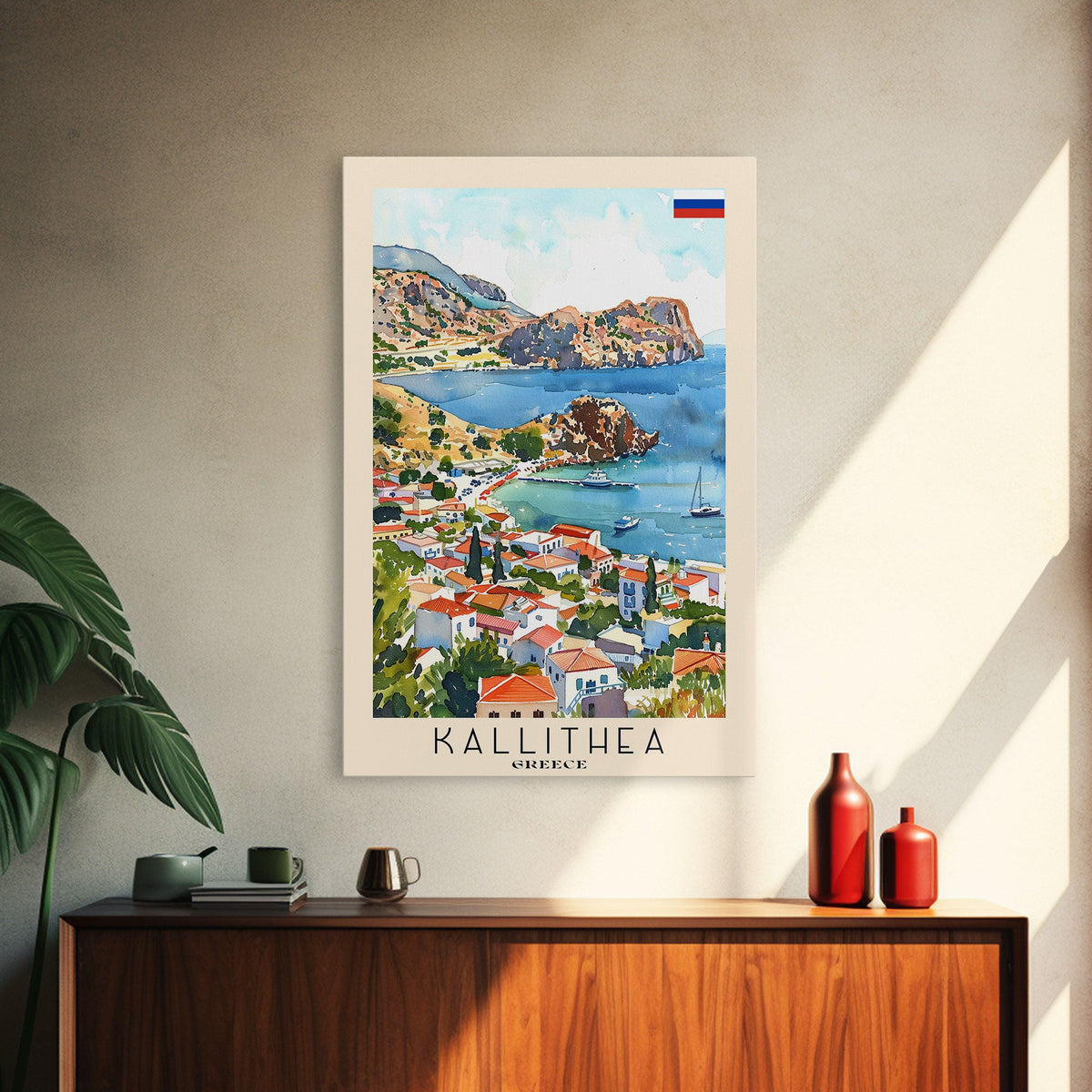 Kallithea Greece Coastal City View, Framed Canvas Print, Travel Poster, Mediterranean Wall Art, Living Room Decor, Greek Cityscape, Seaside Home Decoration