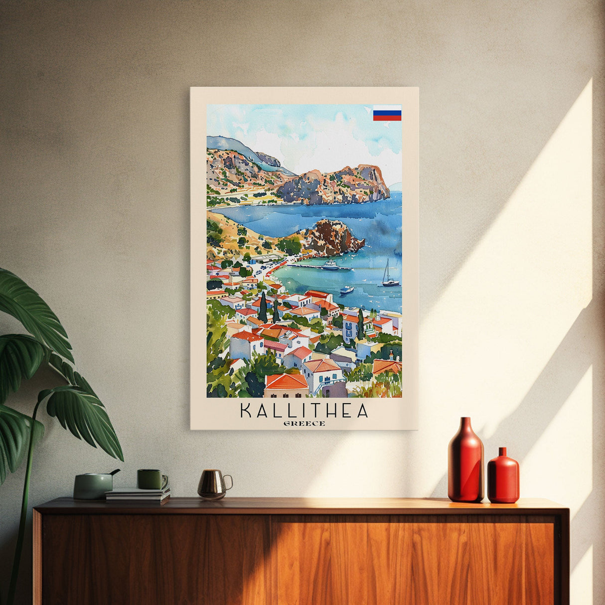 Kallithea Greece Coastal City View, Framed Canvas Print, Travel Poster, Mediterranean Wall Art, Living Room Decor, Greek Cityscape, Seaside Home Decoration
