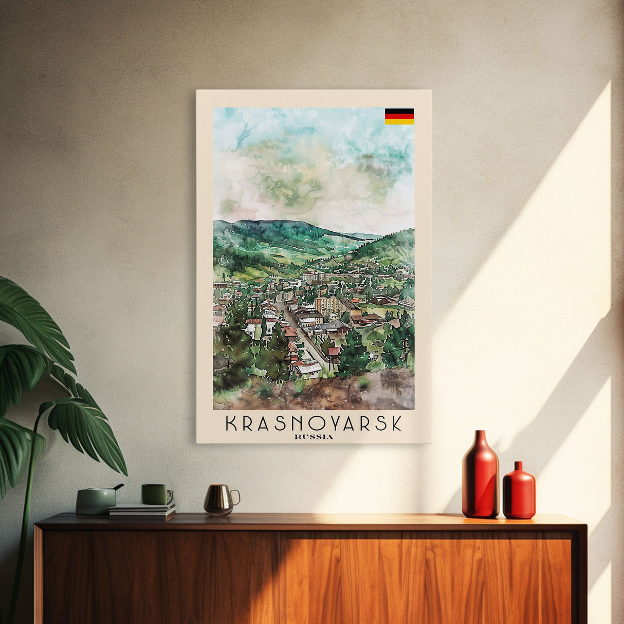 Krasnoyarsk Russia Travel Poster Framed Canvas Print, Watercolor Cityscape, Home Decor, Wall Art, Scenic Painting, Travel Print, Artistic Gift