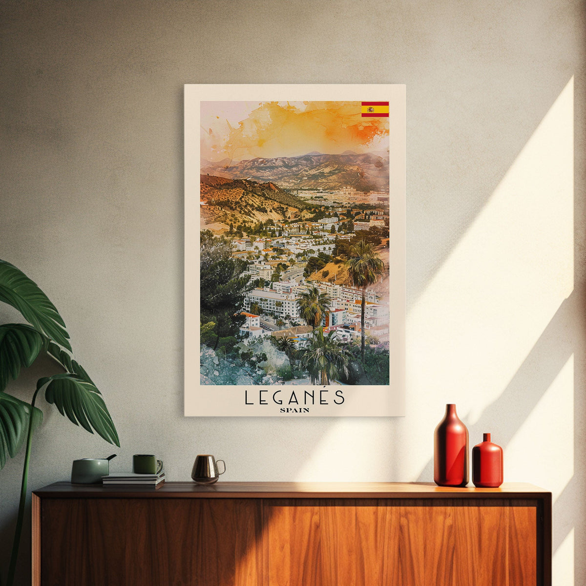 Leganes Spain Travel Poster Framed Canvas Print, Vibrant Cityscape, Watercolor Painting, Wall Art, Home Decor, Travel Print, Artistic Gift