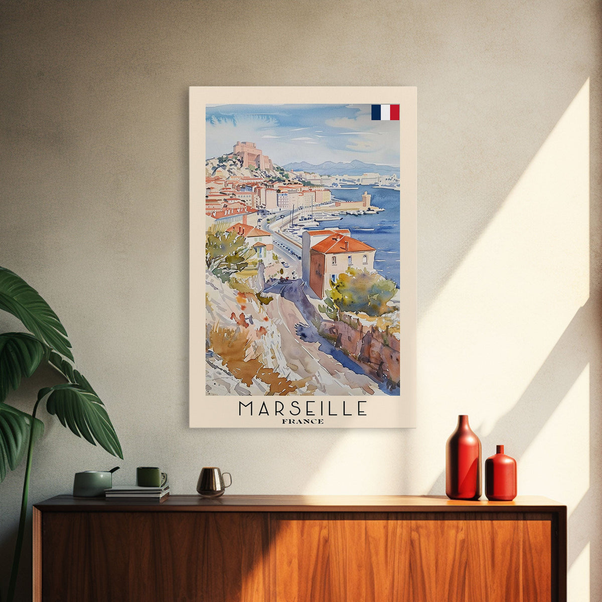 Marseille France Travel Poster Framed Canvas Print, Vibrant Cityscape, Watercolor Art, Wall Hanging, Home Decoration, Travel Print, Artistic Gift