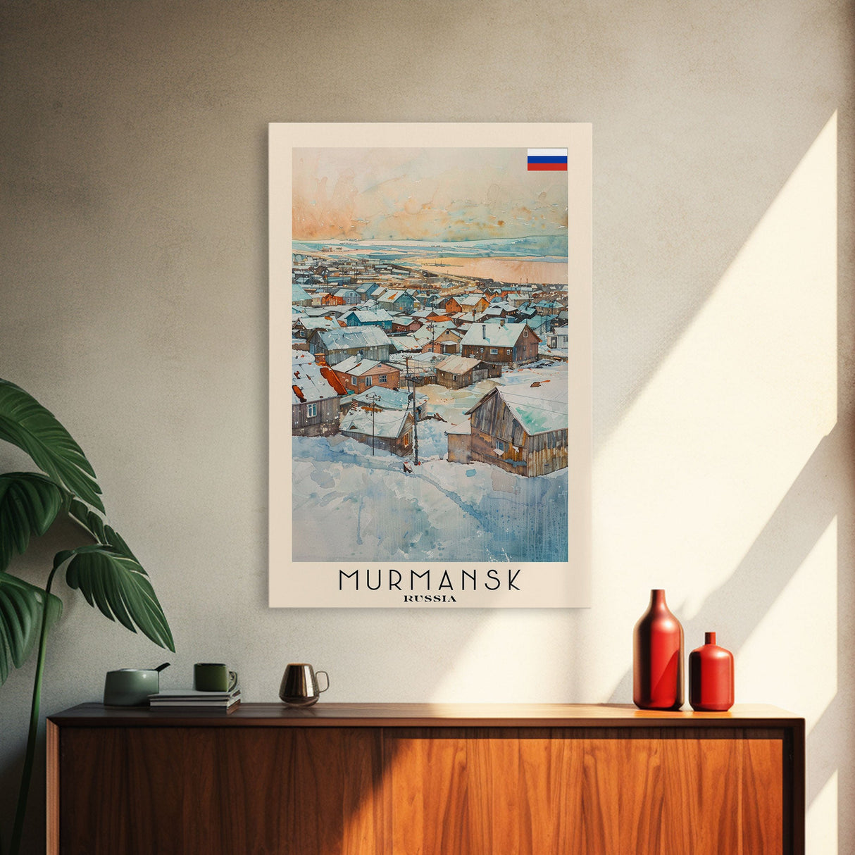 Murmansk Russia Travel Poster Framed Canvas Print, Coastal Cityscape, Watercolor Painting, Wall Art, Home Decoration, Travel Print, Unique Gift