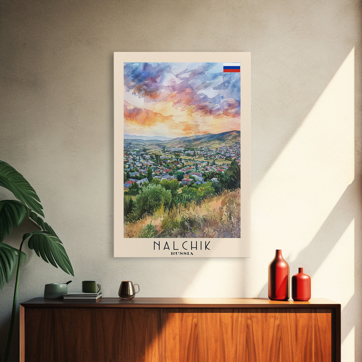 Nalchik Russia Travel Poster Framed Canvas Print, Sunset Watercolor Painting, Scenic Art, Vacation Wall Art, Living Room Decor, Unique Art