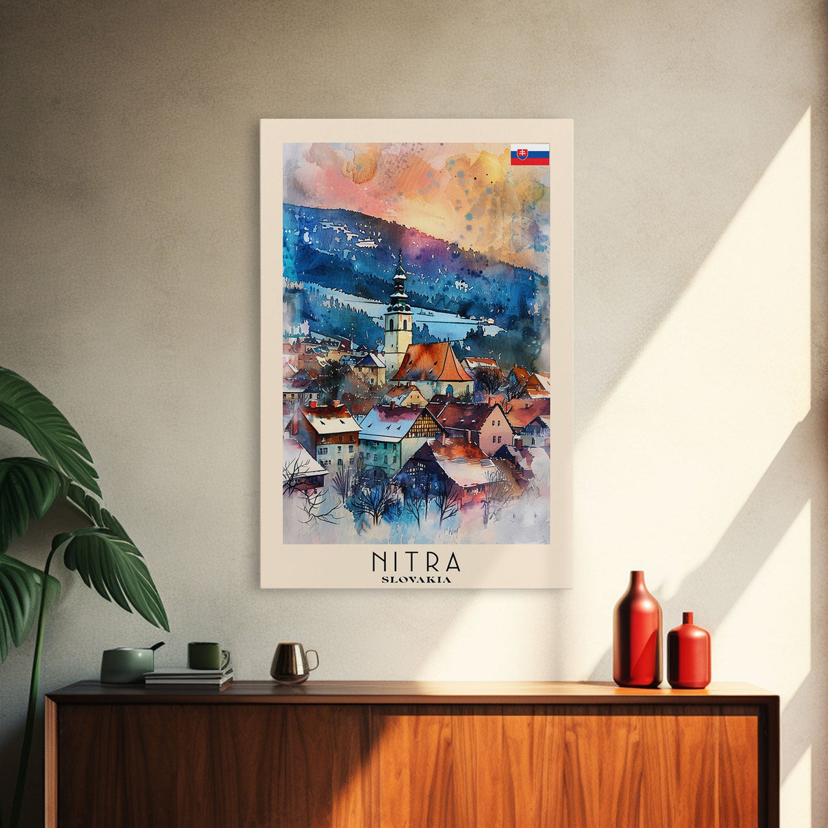 Nitra Slovakia Framed Canvas Print, Scenic Travel Poster, Watercolor Painting, Wall Art, Home Decor, Slovakian Landscape, Modern Art