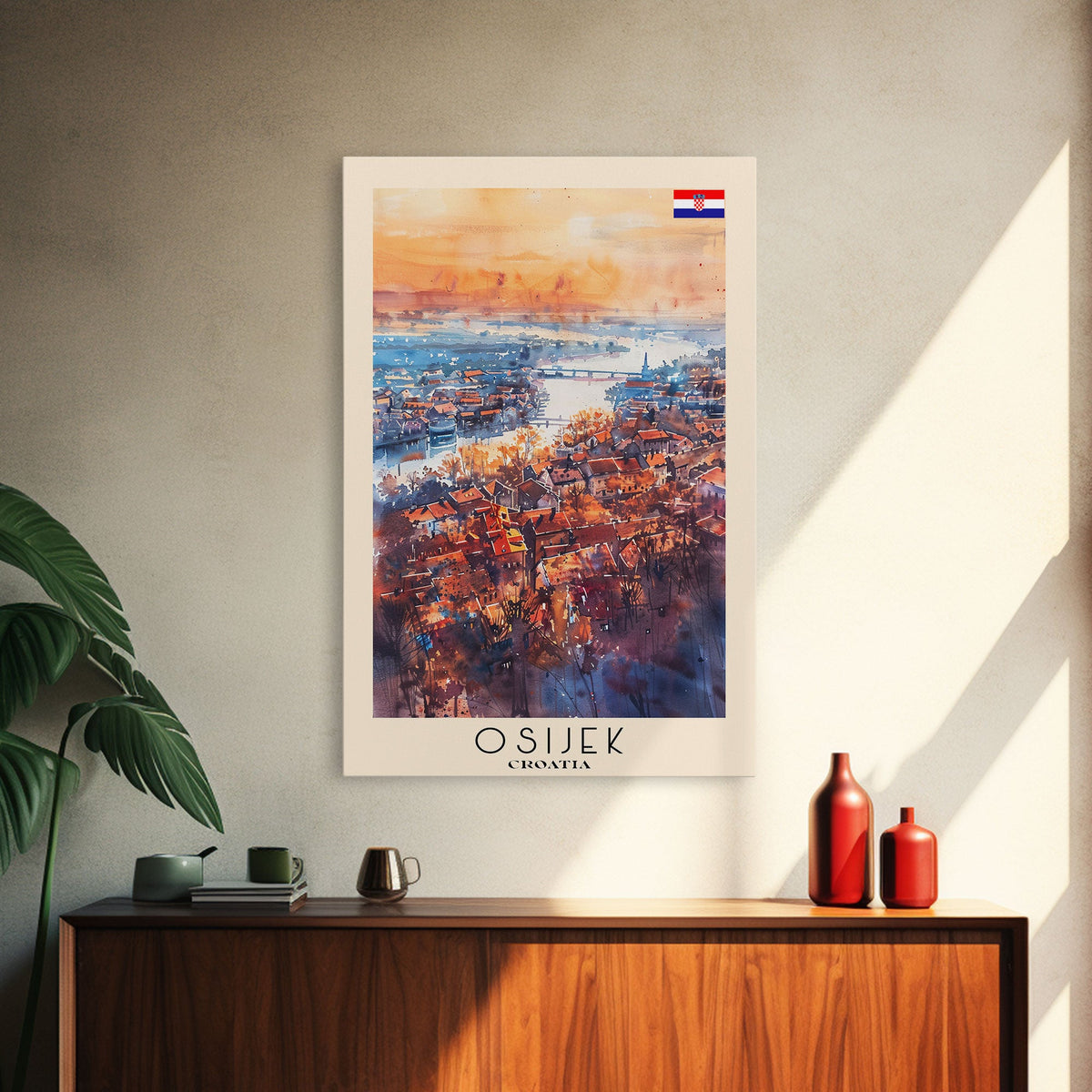 Osijek Croatia Travel Poster Framed Canvas Print, Watercolor Painting, Scenic Wall Art, Home Decor, Croatian Landscape, Rustic Art