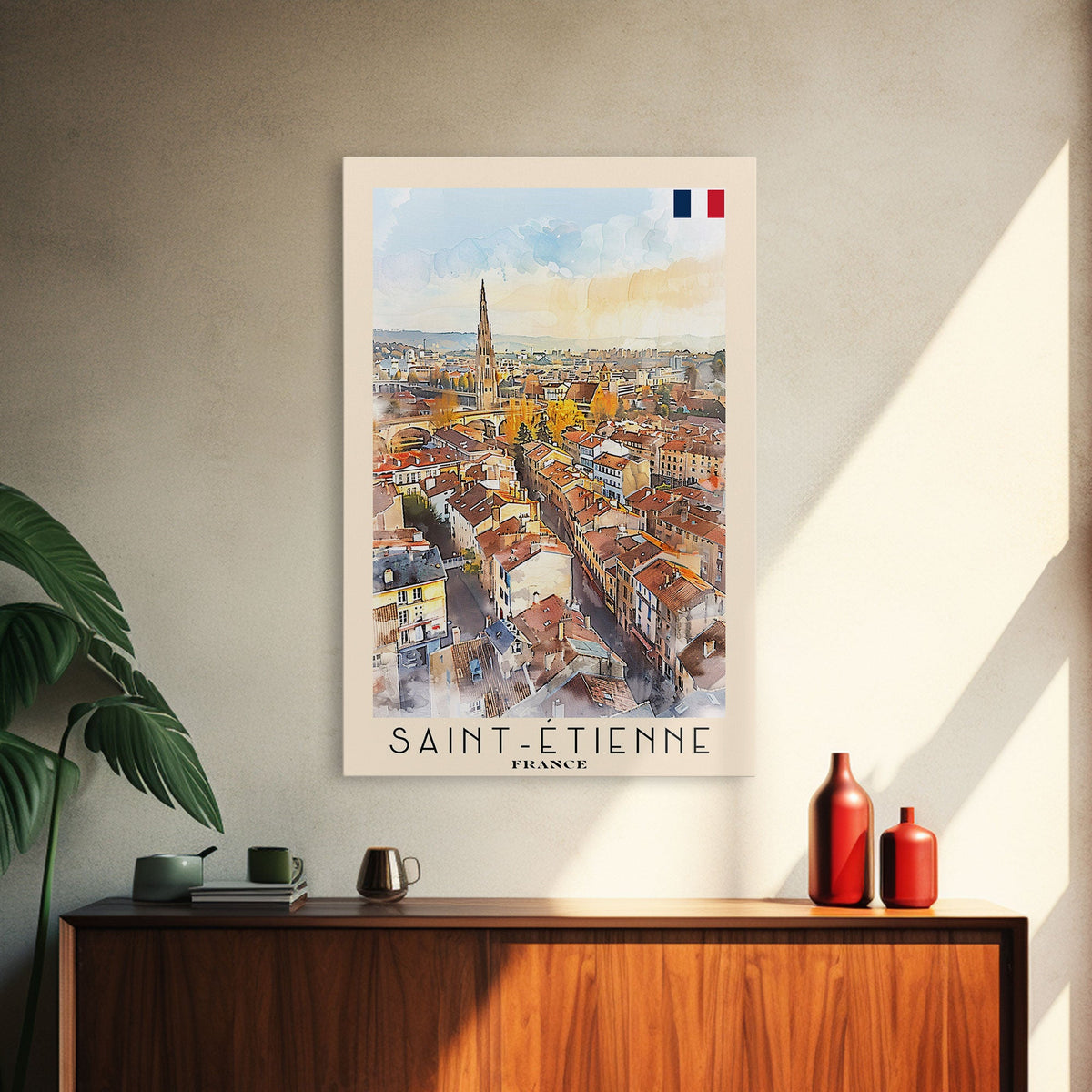 Saint Etienne France Travel Poster Framed Canvas Print, Watercolor Painting, Scenic Wall Art, Home Decor, French Cityscape, Classic Art