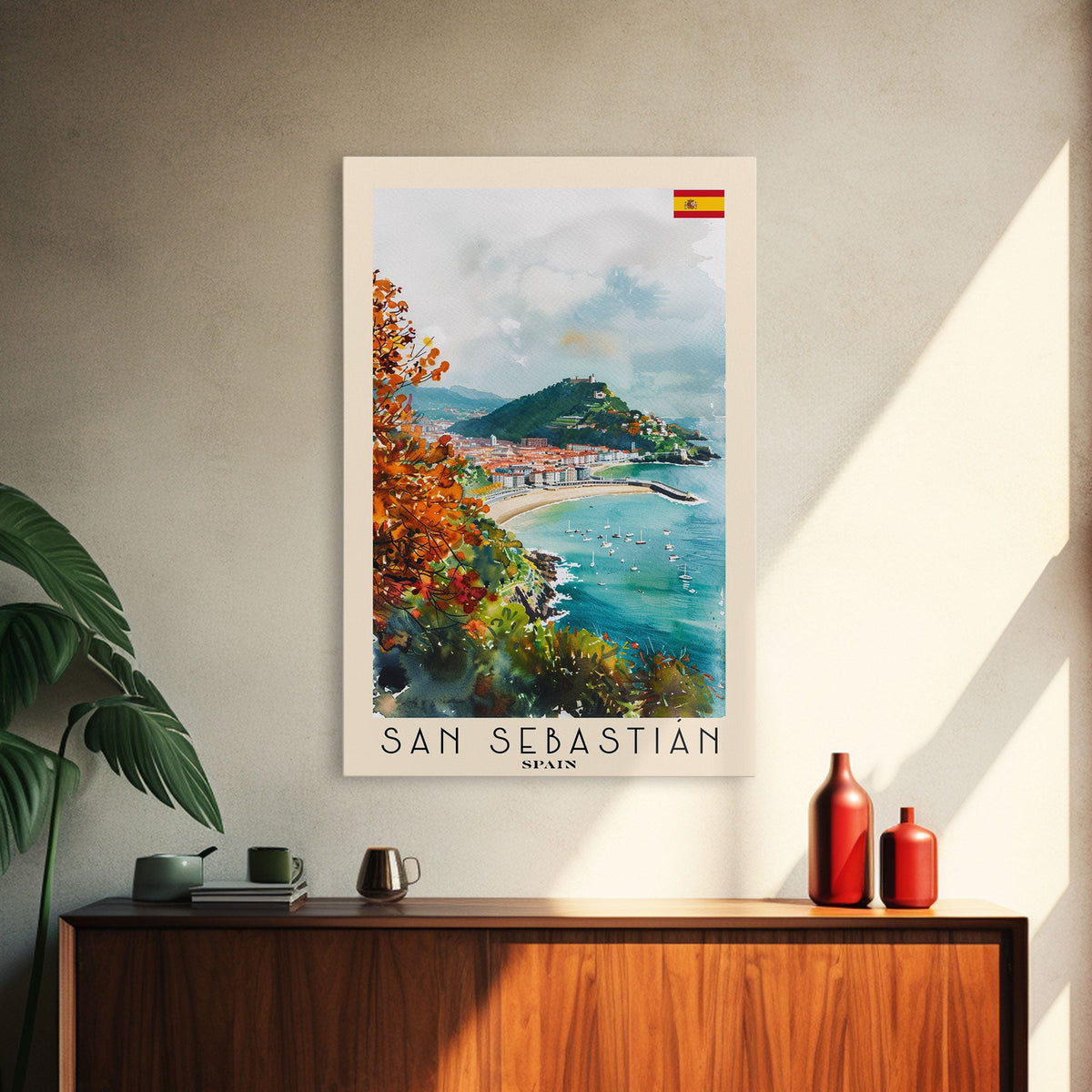 San Sebastian Spain Travel Poster Framed Canvas Print, Watercolor Painting, Coastal Wall Art, Home Decor, Spanish Seaside, Vibrant Art