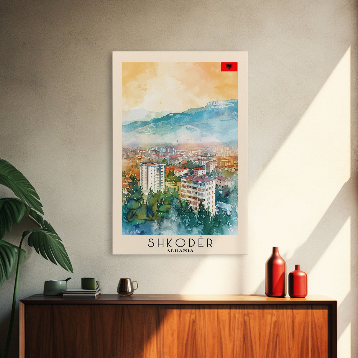 Shkoder Albania Travel Poster Framed Canvas Print, Watercolor Painting, Scenic Wall Art, Home Decor, Albanian Landscape, Classic Art