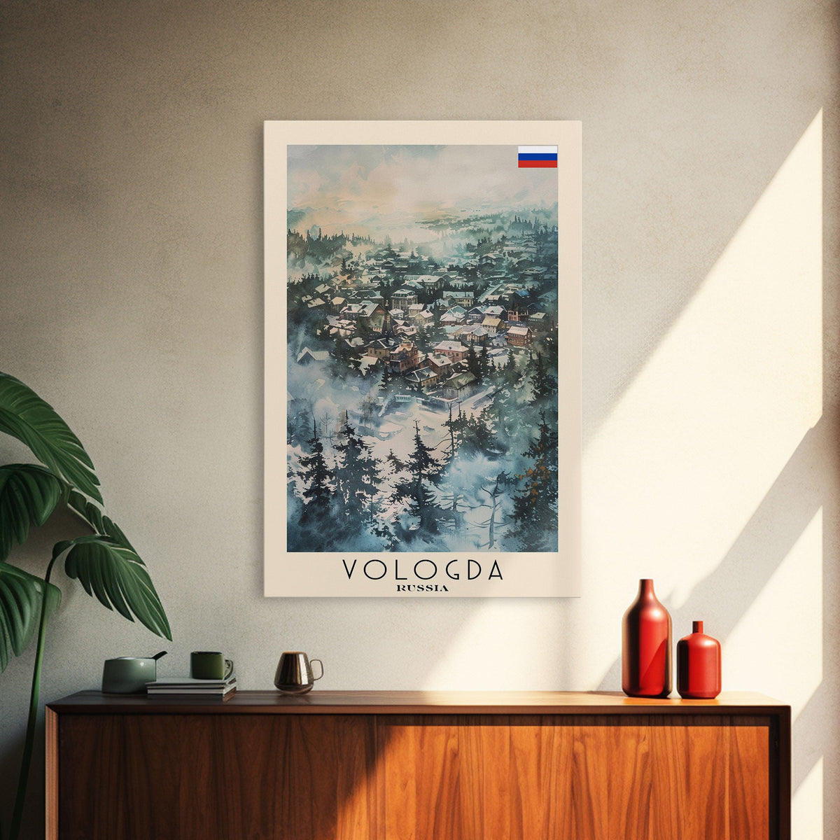 Vologda Russia Travel Poster Framed Canvas Print, Watercolor Painting, Scenic Wall Art, Home Decor, Russian Landscape, Rustic Art