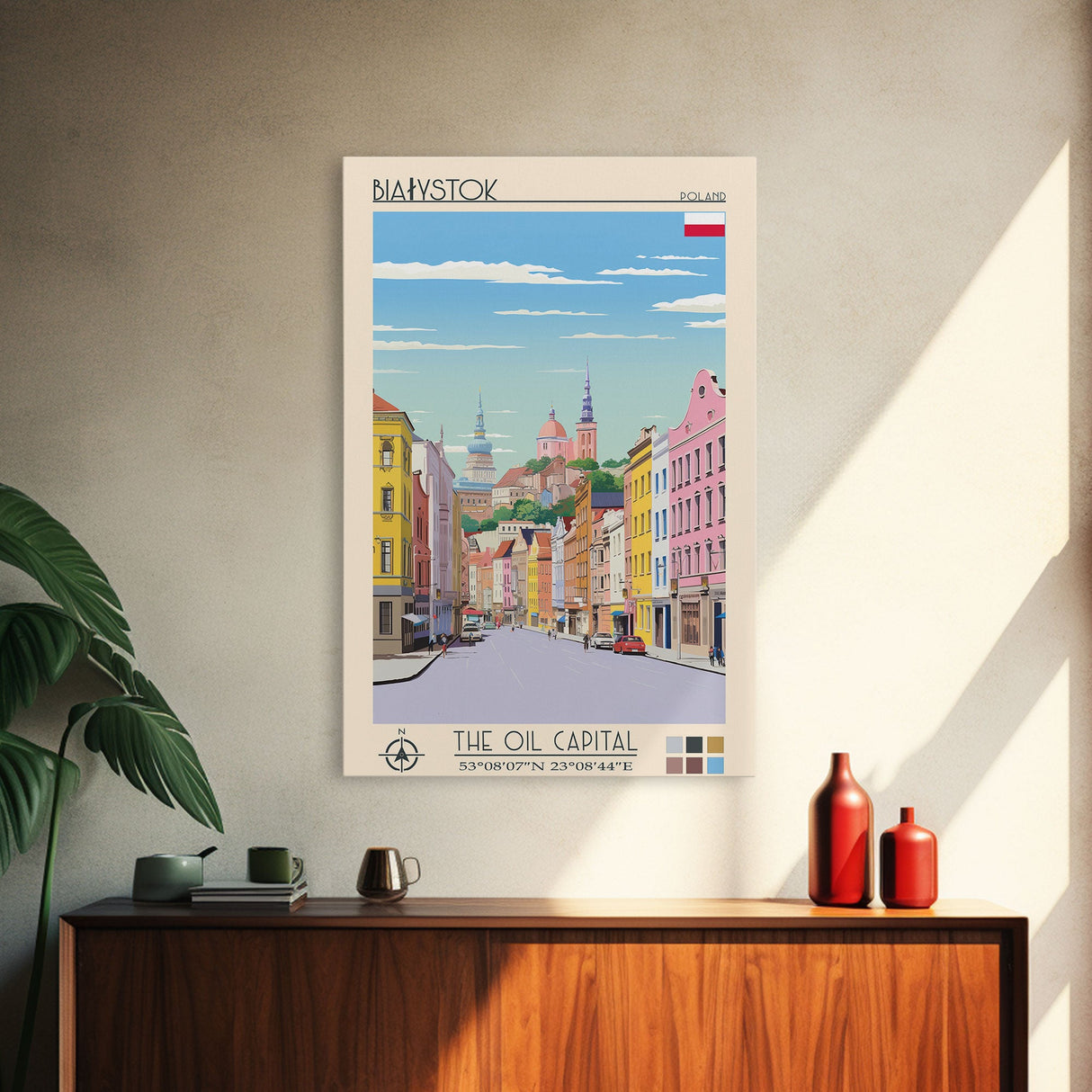 Białystok Poland Travel Poster Framed Canvas Print, Midcentury Modern Art, Pop Art Wall Decor, Home Decor, Vacation Gift, Living Room Art