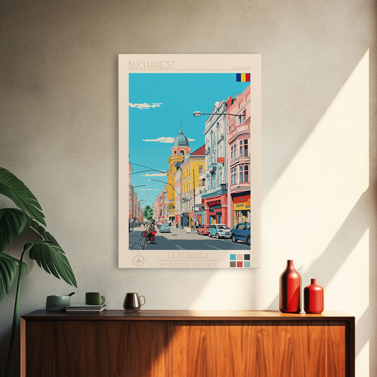 Bucharest Romania Travel Poster Framed Canvas Print, Midcentury Modern Art, Pop Art Wall Decor, Home Decor, Vacation Gift, Living Room Art