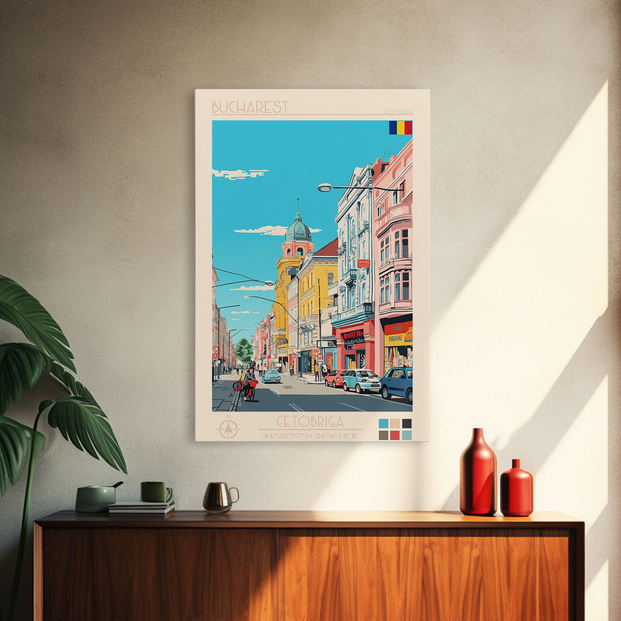 Bucharest Romania Travel Poster Framed Canvas Print, Midcentury Modern Art, Pop Art Wall Decor, Home Decor, Vacation Gift, Living Room Art