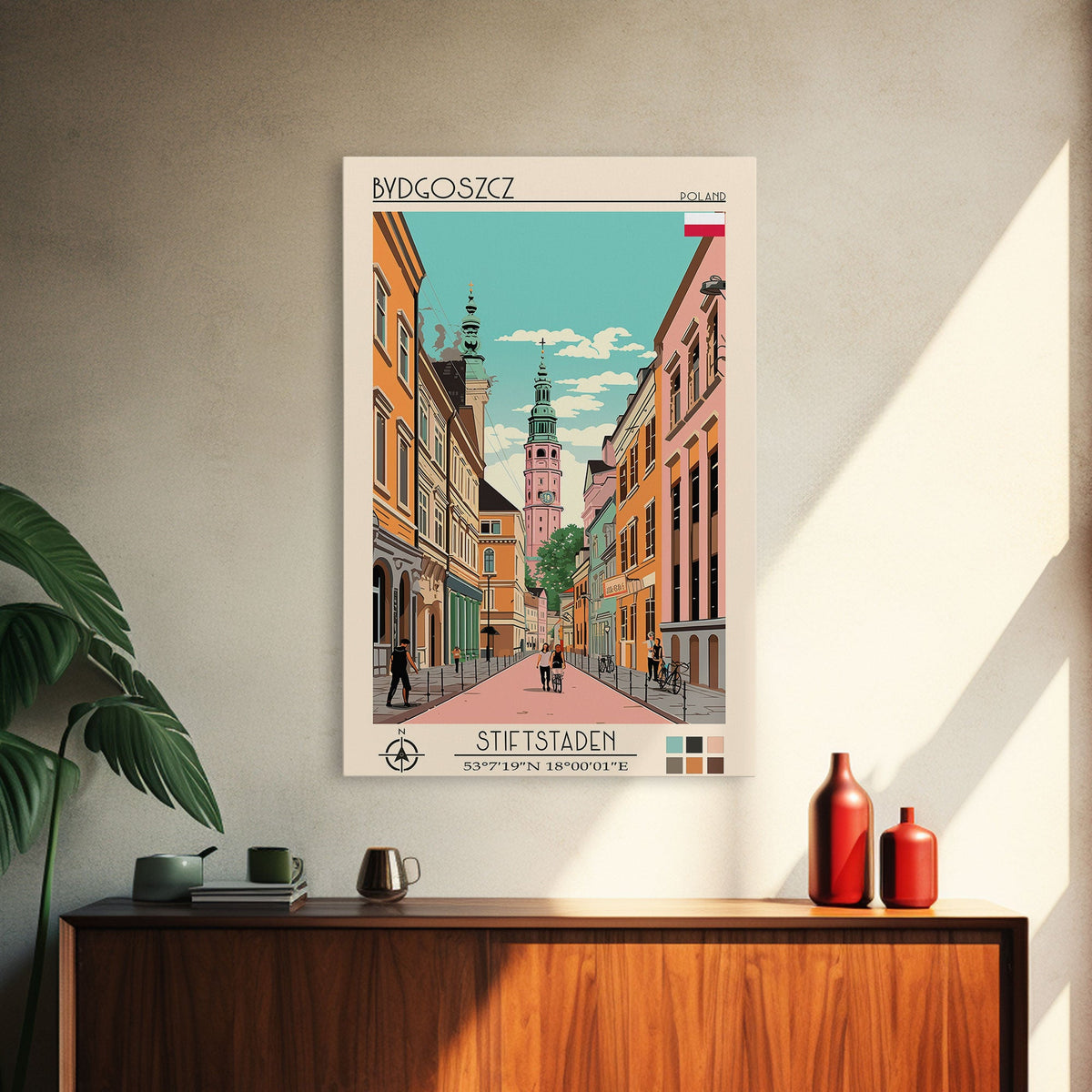 Bydgoszcz Poland Travel Poster Framed Canvas Print, Midcentury Modern Art, Pop Art Wall Decor, Home Decor, Vacation Gift, Living Room Art