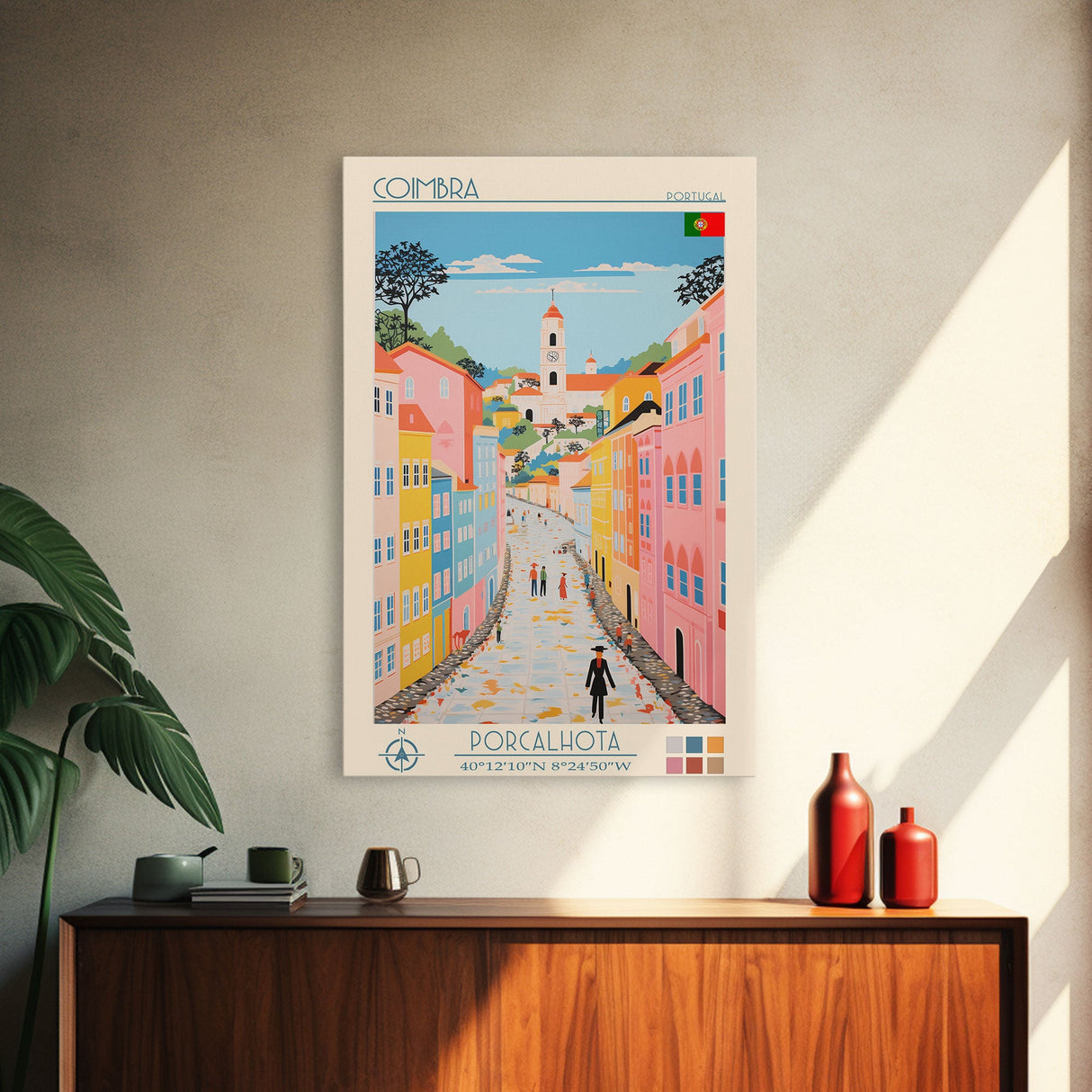 Coimbra Portugal Travel Poster Framed Canvas Print, Midcentury Modern Art, Pop Art Wall Decor, Home Decor, Vacation Gift, Living Room Art