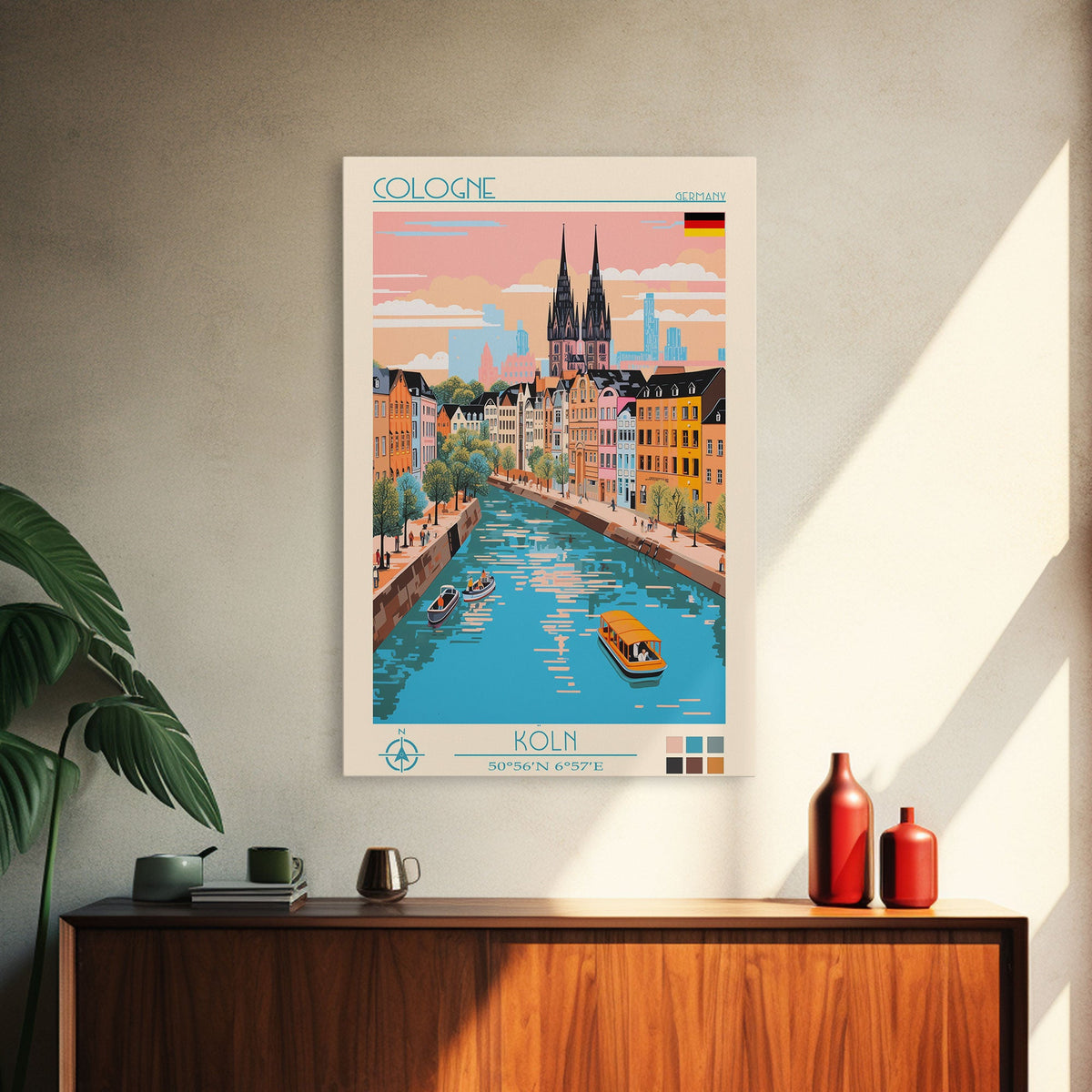 Cologne Germany Travel Poster Framed Canvas Print, Midcentury Modern Art, Pop Art Wall Decor, Scenic Wall Art, Living Room Art