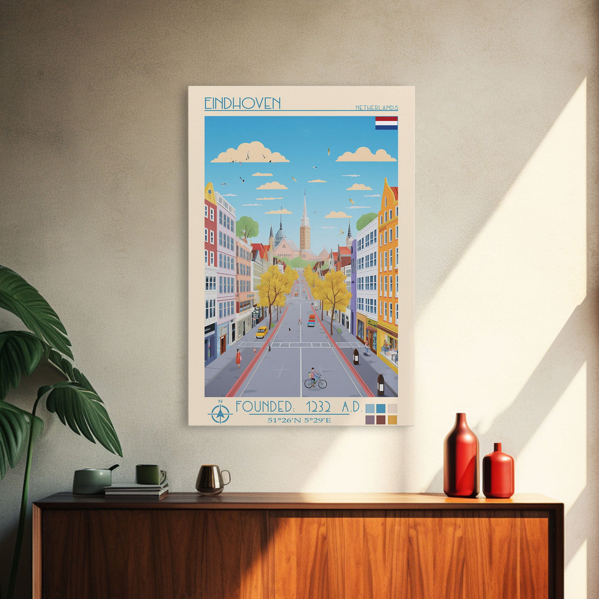 Eindhoven Netherlands Travel Poster Framed Canvas Print, Midcentury Modern Art, Pop Art Wall Decor, Scenic Living Room Art, Bedroom Gift