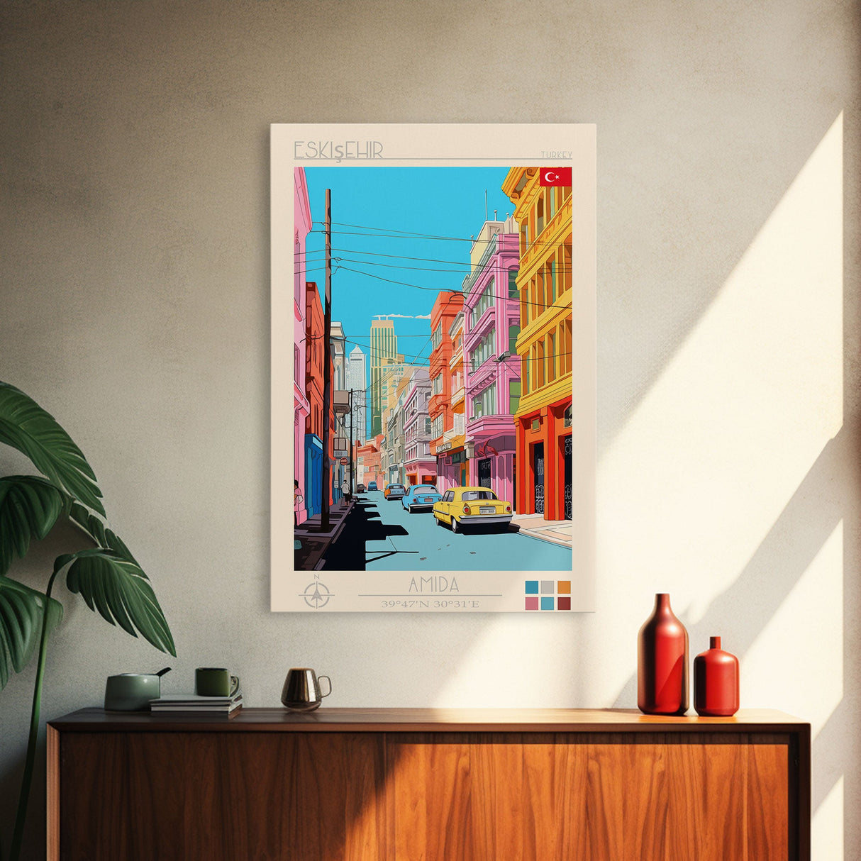 Eskişehir Turkey Travel Poster Framed Canvas Print, Midcentury Modern Art, Pop Art Wall Decor, Scenic Living Room Art, Bedroom Decor