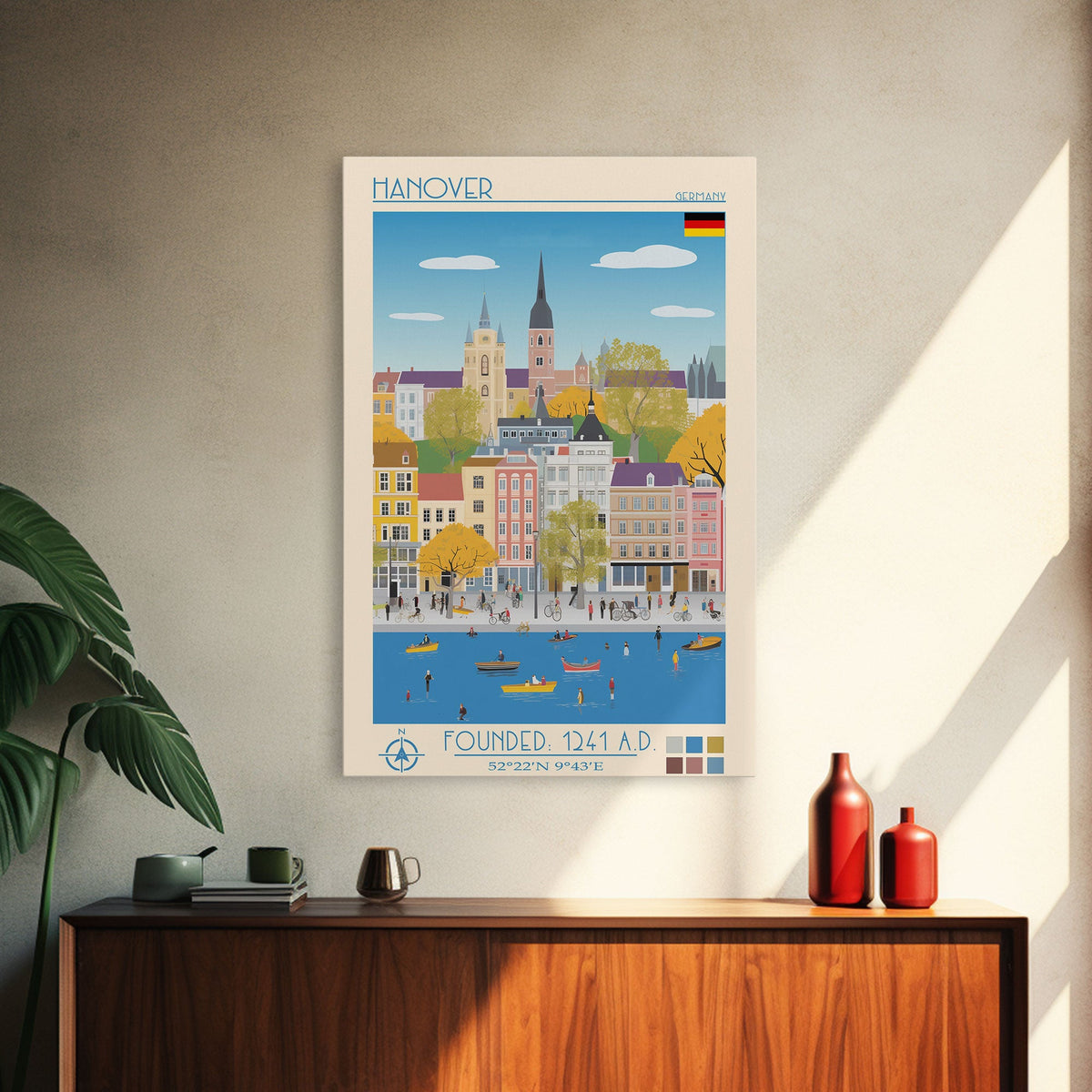 Hanover Germany Travel Poster Framed Canvas Print, Midcentury Modern Art, Pop Art Wall Decor, Scenic Wall Art, Living Room Decoration, Office Art