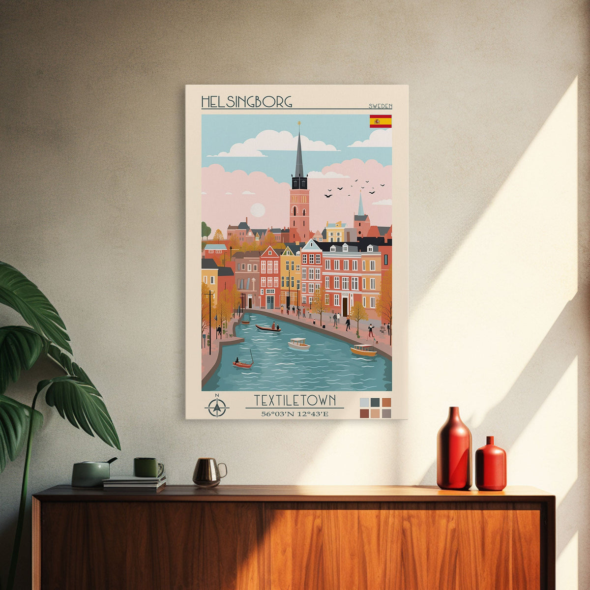 Helsingborg Sweden Travel Poster Framed Canvas Print, Midcentury Modern Art, Pop Art Wall Decor, Scenic Wall Art, Bedroom Decoration, Office Art