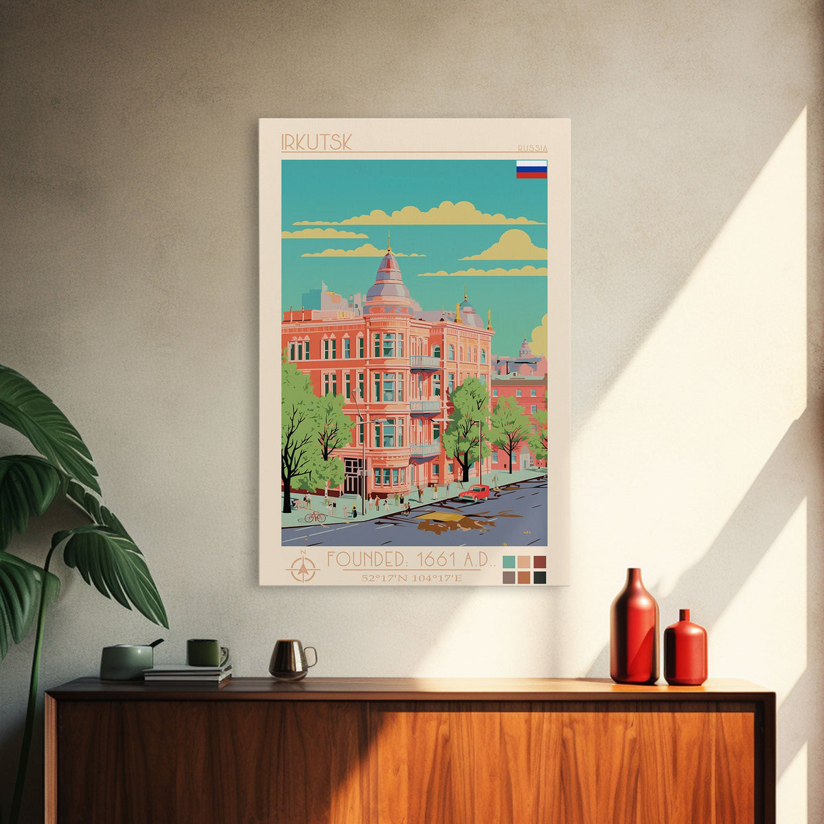 Irkutsk Russia Travel Poster Framed Canvas Print, Midcentury Modern Art, Pop Art Wall Decor, Scenic Bedroom Art, Office Decoration