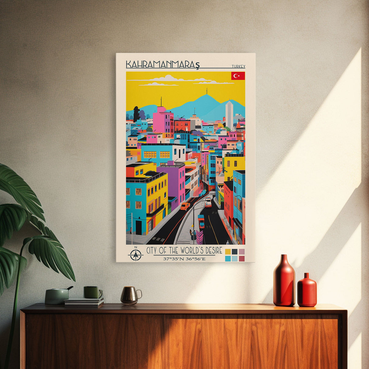 Kahramanmaraş Turkey Travel Poster Framed Canvas Print, Midcentury Modern Art, Pop Art Wall Decor, Scenic Living Room Art, Bedroom Gift