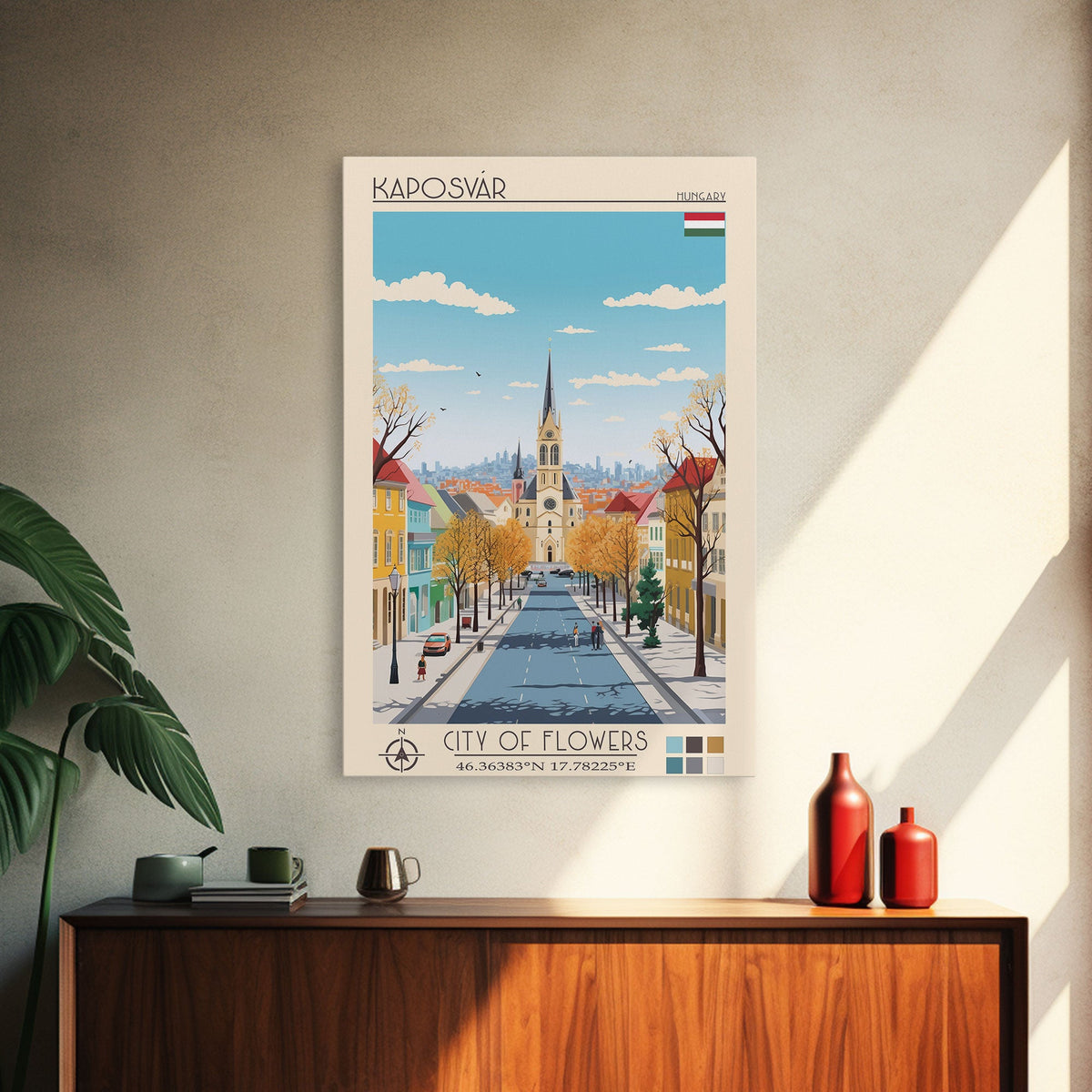 Kaposvár Hungary Travel Poster Framed Canvas Print, Midcentury Modern Art, Pop Art Wall Decor, Scenic Bedroom Art, Office Decoration