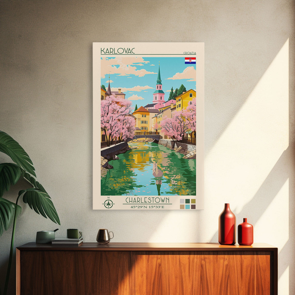 Karlovac Croatia Travel Poster Framed Canvas Print, Midcentury Modern Art, Pop Art Wall Decor, Scenic Living Room Art, Bedroom Decor