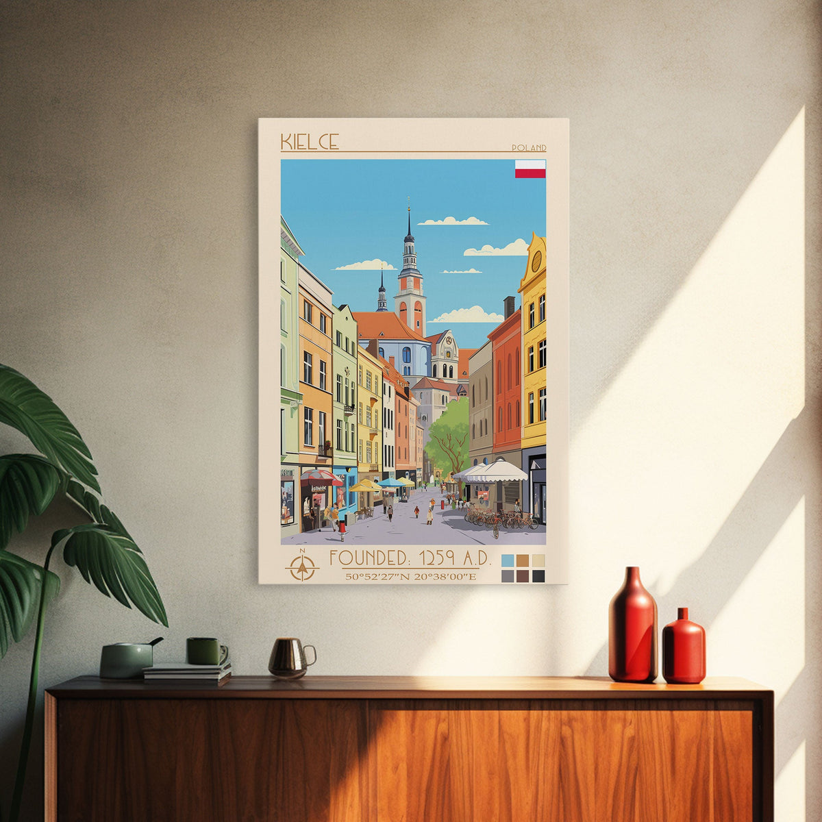 Kielce Poland Travel Poster Framed Canvas Print, Midcentury Modern Art, Pop Art Wall Decor, Scenic Wall Art, Bedroom Decoration