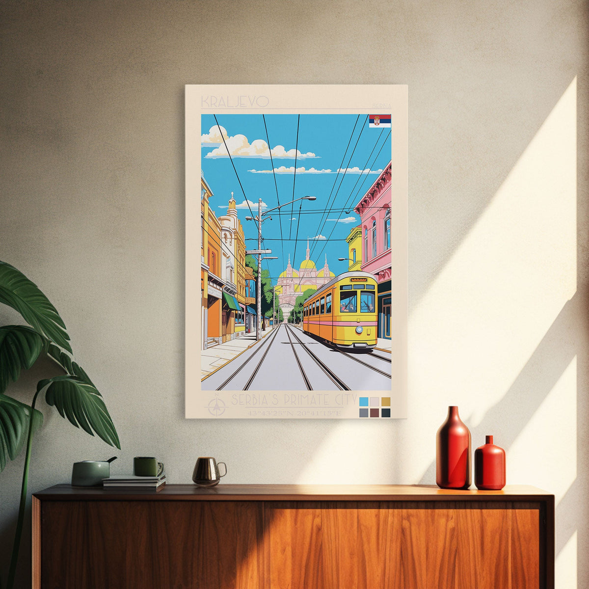 Kraljevo Serbia Travel Poster Framed Canvas Print, Midcentury Modern Art, Pop Art Wall Decor, Scenic Wall Art, Living Room Decoration, Office Gift