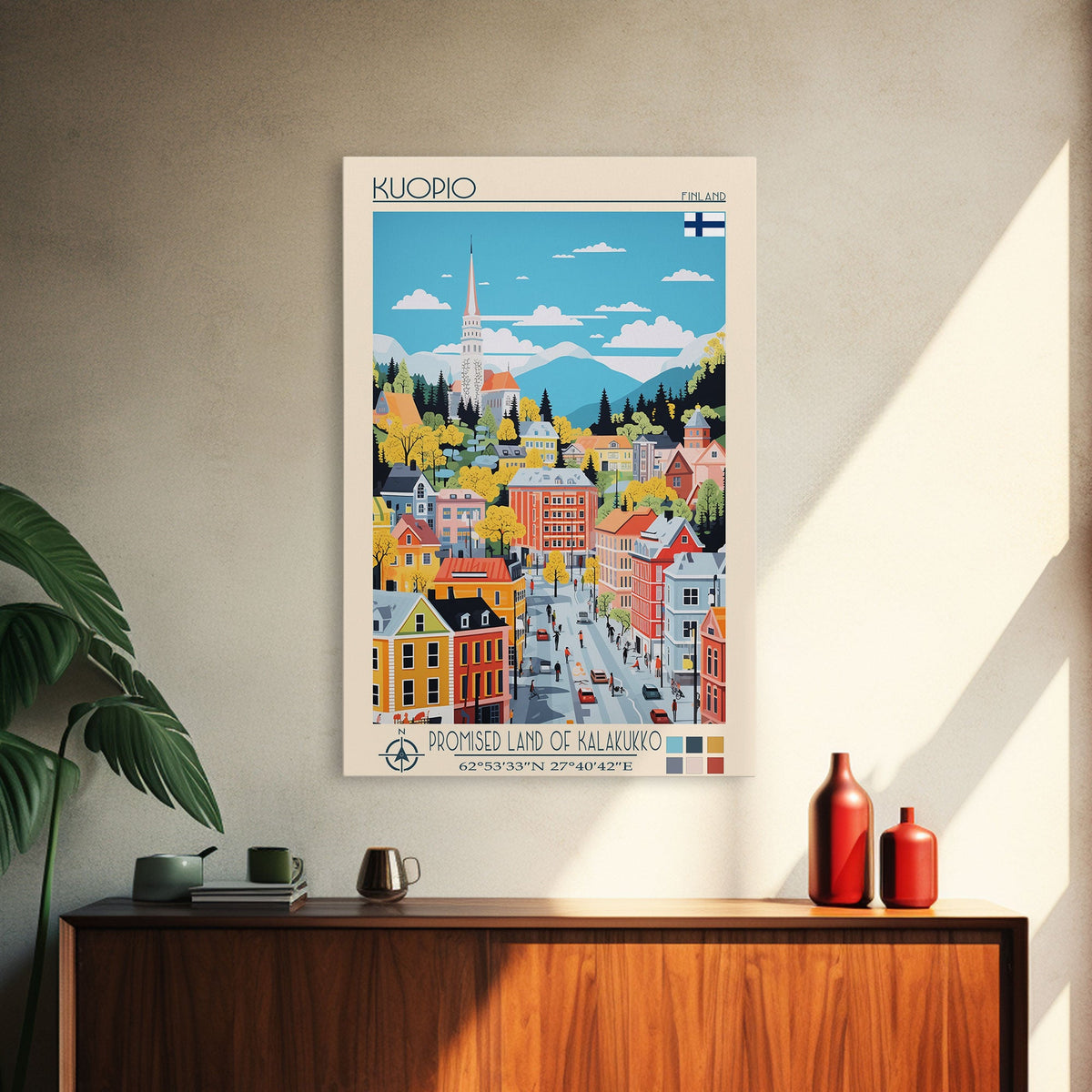 Kuopio Finland Travel Poster Framed Canvas Print, Midcentury Modern Art, Pop Art Wall Decor, Home Decor, Vacation Gift, Bedroom Art