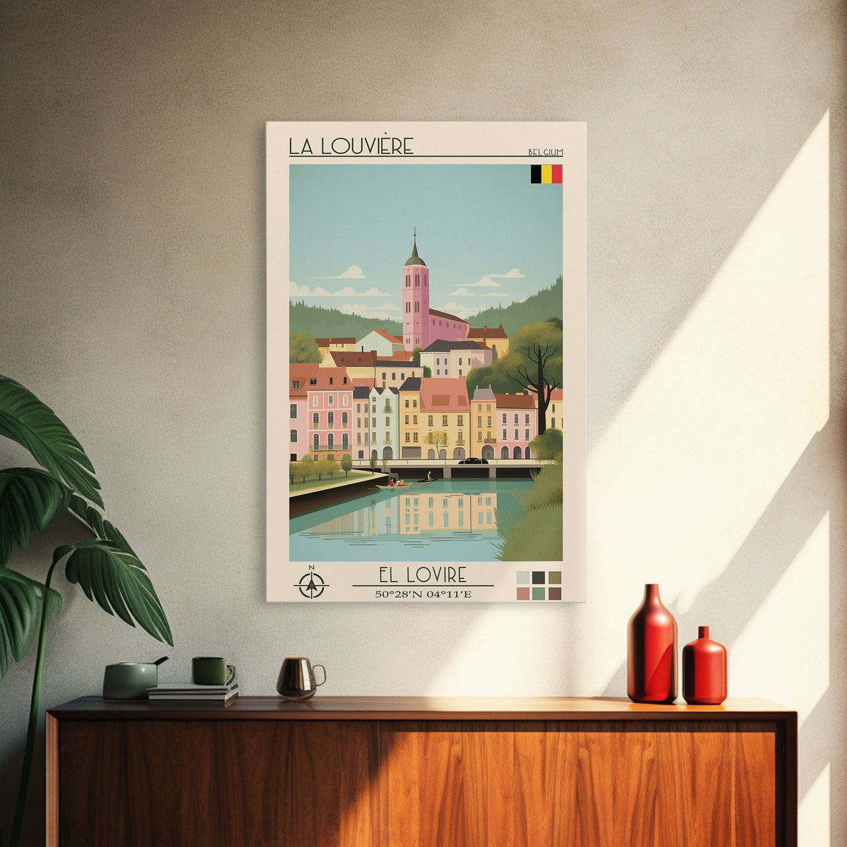 La Louvière Belgium Travel Poster Framed Canvas Print, Midcentury Modern Art, Pop Art Wall Decor, Scenic Living Room Art, Bedroom Gift