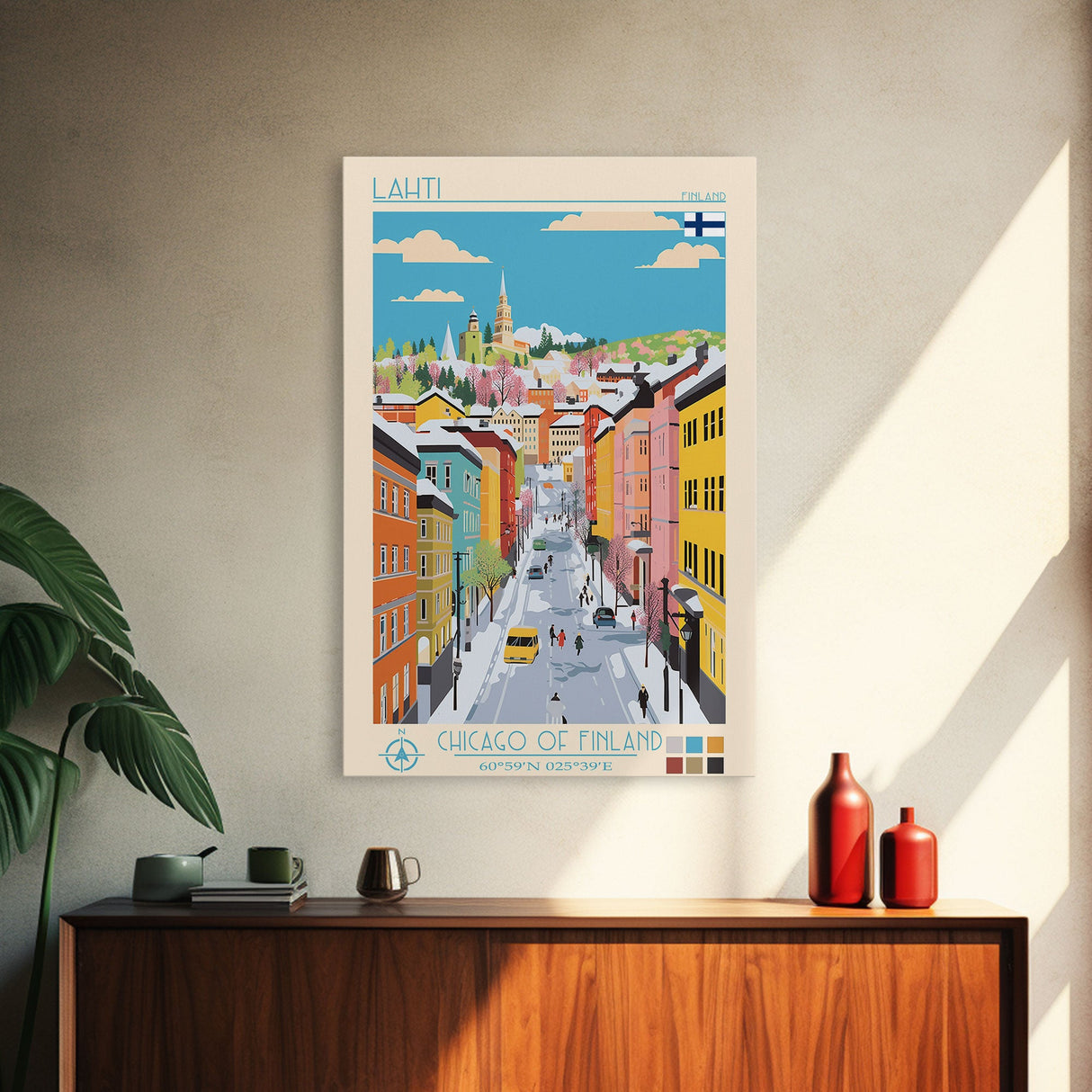 Lahti Finland Travel Poster Framed Canvas Print, Midcentury Modern Art, Pop Art Wall Decor, Scenic Wall Art, Living Room Decoration, Office Art