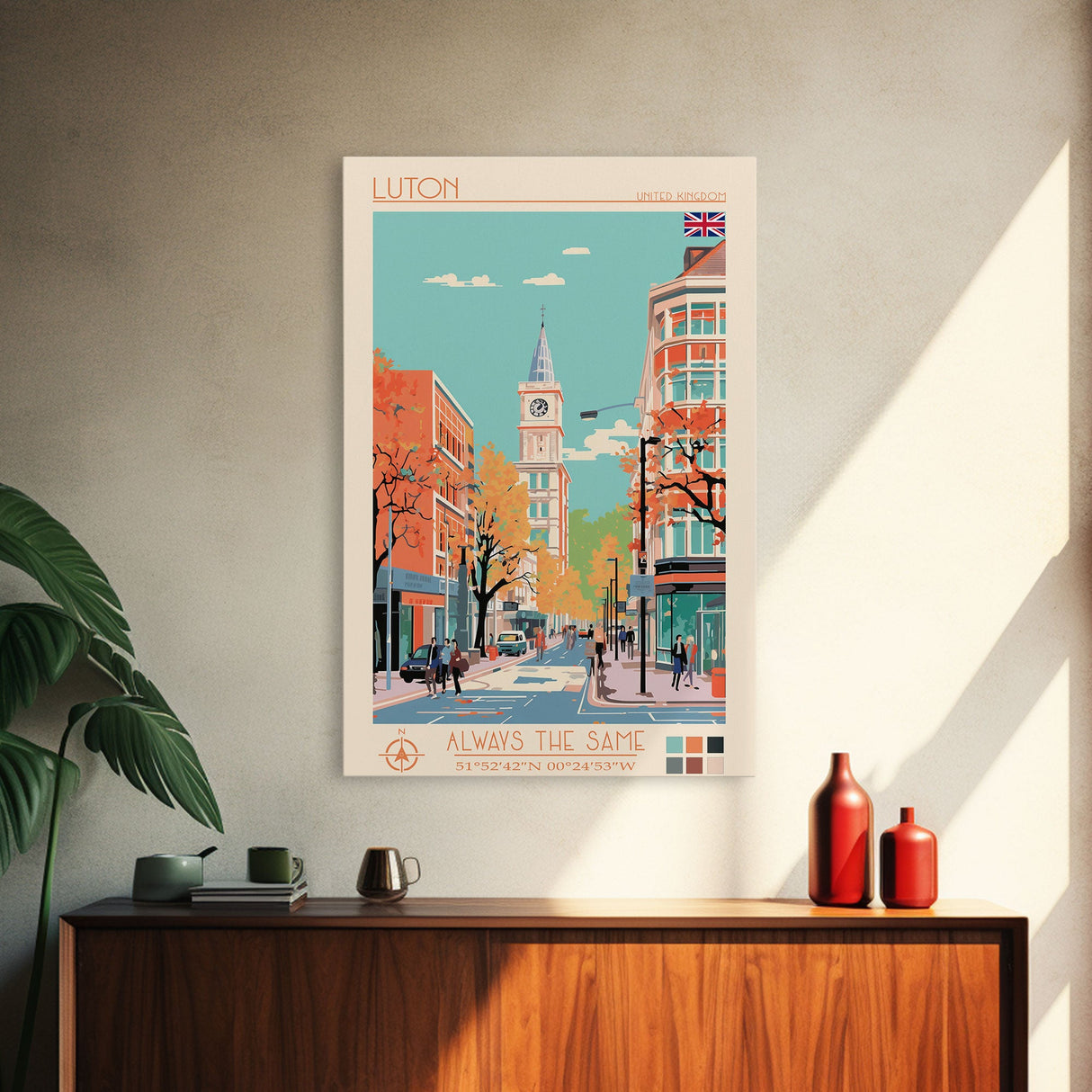 Luton United Kingdom Travel Poster Framed Canvas Print, Wall Decor, Midcentury Modern Art, Pop Art, Scenic Art for Living Room and Office