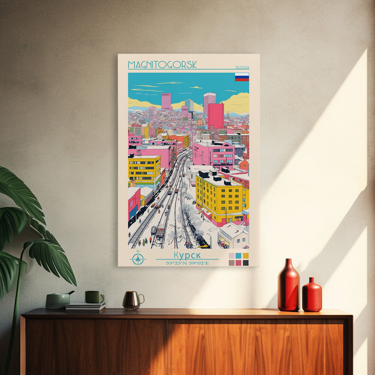 Magnitogorsk Russia Travel Poster Framed Canvas Print, Midcentury Modern Art, Pop Art Wall Decor, Scenic Living Room Art, Bedroom Gift
