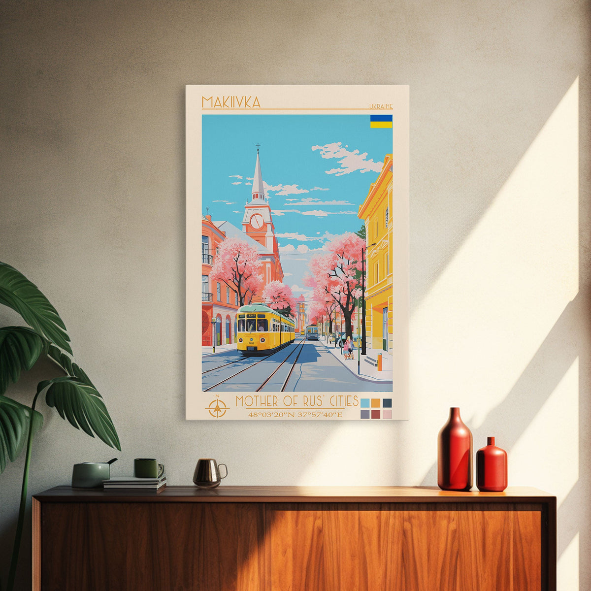 Makiivka Ukraine Travel Poster Framed Canvas Print, Midcentury Modern Art, Pop Art Wall Decor, Home Decor, Vacation Gift, Bedroom Art
