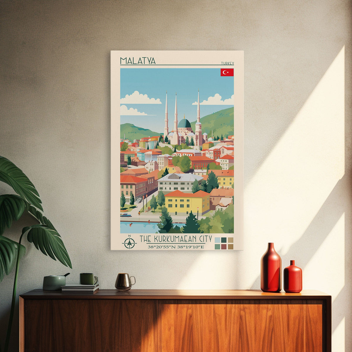 Malatya Turkey Travel Poster Framed Canvas Print, Midcentury Modern Art, Pop Art Wall Decor, Scenic Wall Art, Living Room Decoration, Office Gift