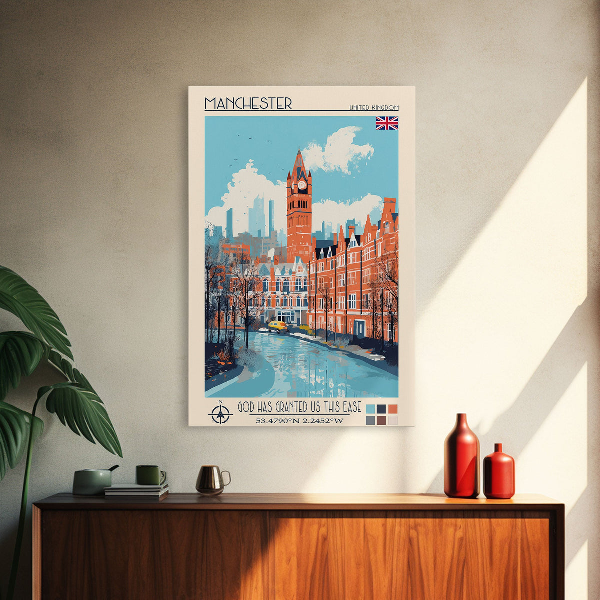 Manchester United Kingdom Travel Poster Framed Canvas Print, Midcentury Modern Art, Pop Art Wall Decor, Scenic Wall Art, Living Room Decoration, Office Art