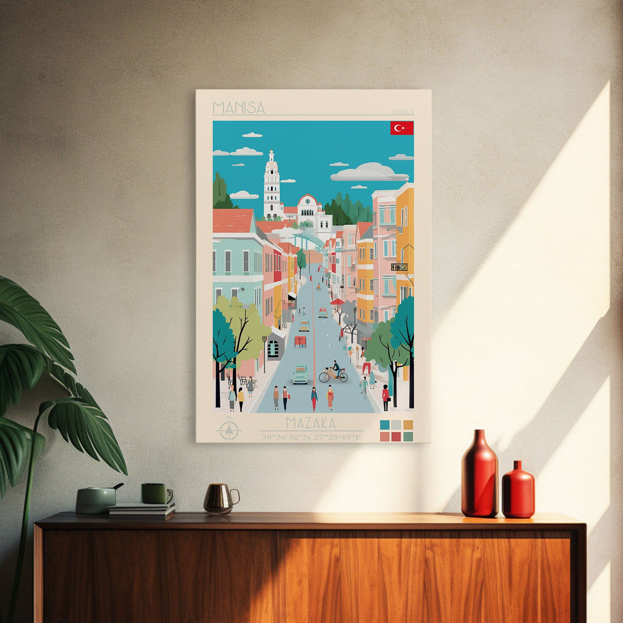 Manisa Turkey Travel Poster Framed Canvas Print, Midcentury Modern Art, Pop Art Wall Decor, Scenic Bedroom Art, Office Decoration