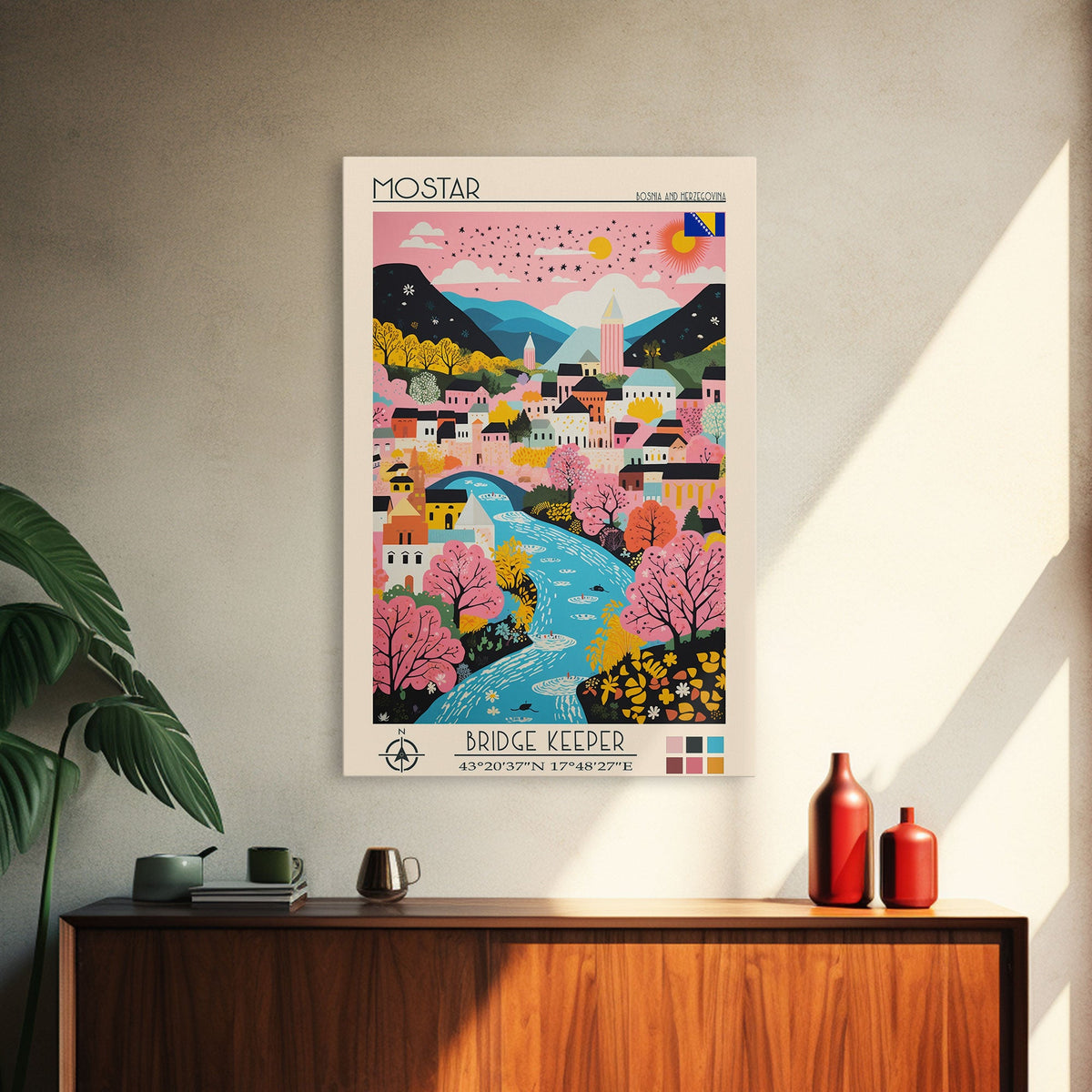 Mostar Bosnia and Herzegovina Travel Poster Framed Canvas Print, Midcentury Modern Art, Pop Art Wall Decor, Home Decor, Vacation Gift, Bedroom Art