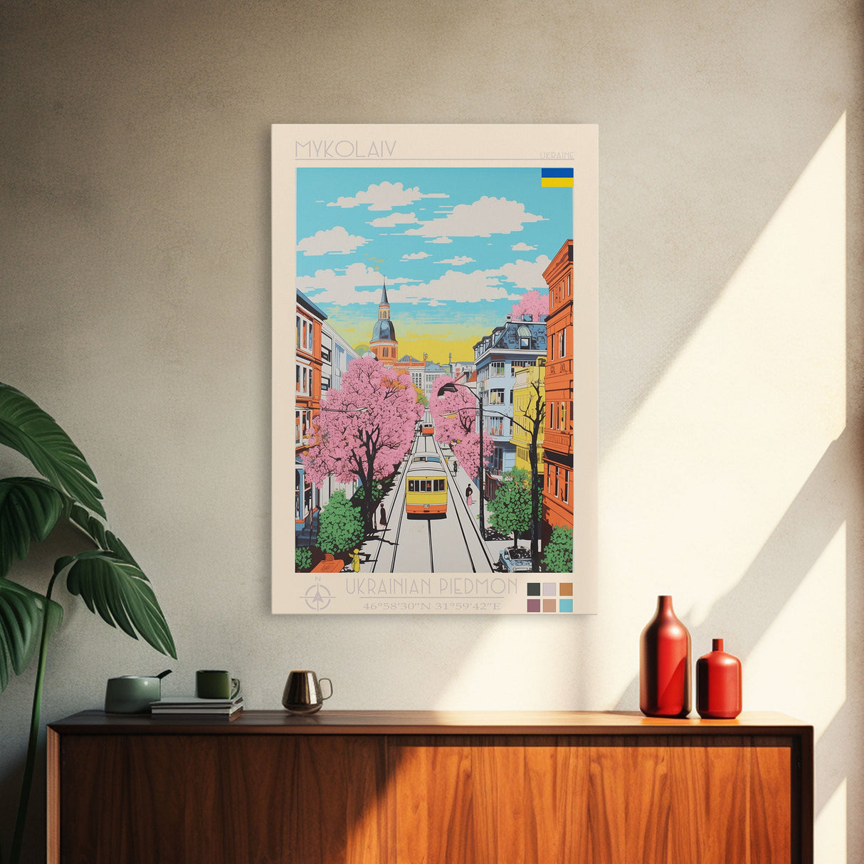 Mykolaiv Ukraine Travel Poster Framed Canvas Print, Midcentury Modern Art, Pop Art Wall Decor, Scenic Bedroom Art, Office Decoration