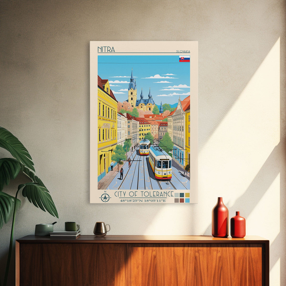 Nitra Slovakia Travel Poster Framed Canvas Print, Midcentury Modern Art, Pop Art Wall Decor, Scenic Wall Art, Living Room Decoration, Office Gift