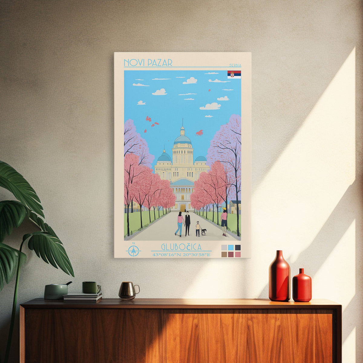 Novi Pazar Serbia Travel Poster Framed Canvas Print, Midcentury Modern Art, Pop Art Wall Decor, Scenic Wall Art, Living Room Decoration, Office Gift