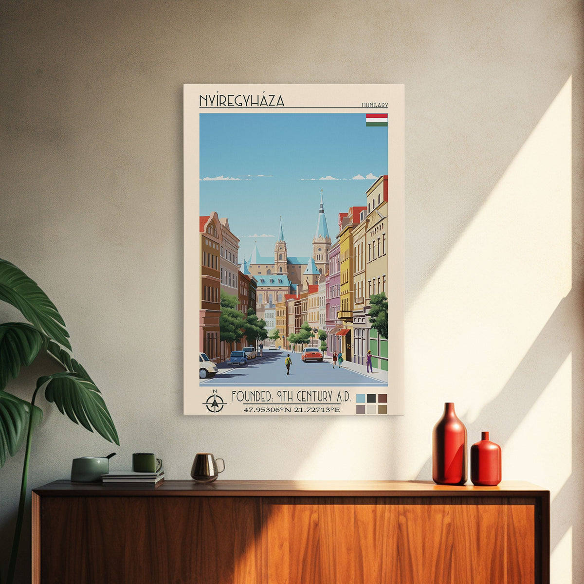 Nyíregyháza Hungary Travel Poster Framed Canvas Print, Midcentury Modern Art, Pop Art Wall Decor, Home Decor, Vacation Gift, Office Art