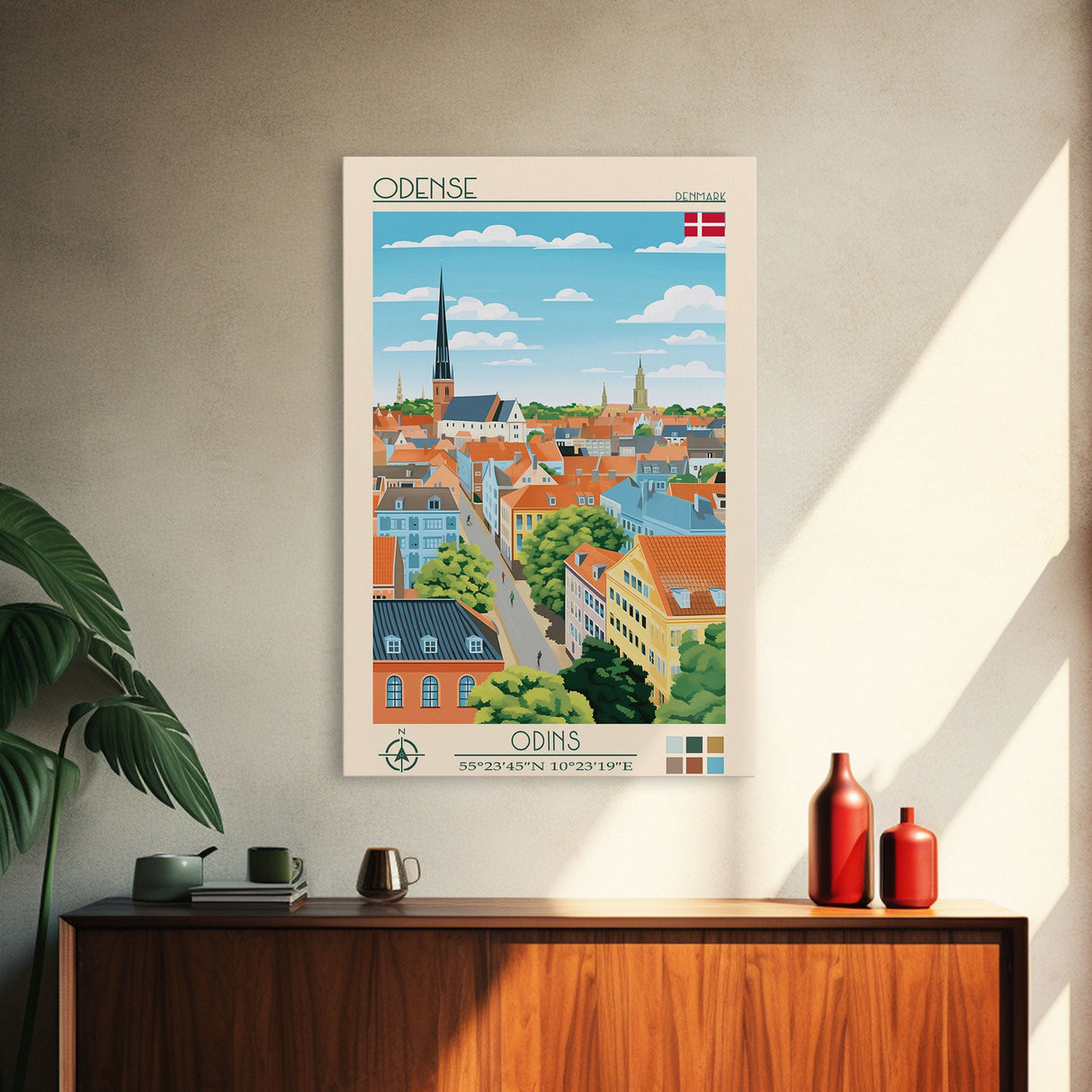 Odense Denmark Travel Poster Framed Canvas Print, Midcentury Modern Art, Pop Art Wall Decor, Scenic Wall Art, Living Room Decoration, Office Art