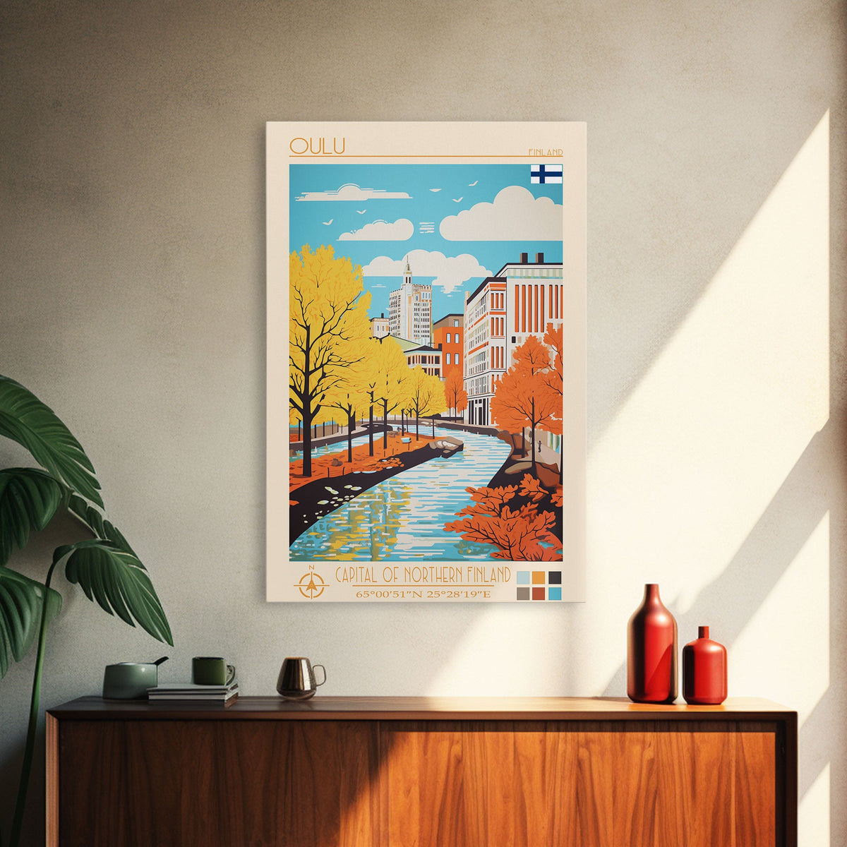 Oulu Finland Travel Poster Framed Canvas Print, Midcentury Modern Art, Pop Art Wall Decor, Scenic Wall Art, Living Room Decoration, Office Gift