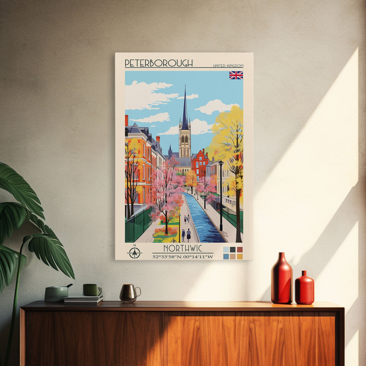 Peterborough United Kingdom Travel Poster Framed Canvas Print, Midcentury Modern Art, Pop Art Wall Decor, Home Decor, Vacation Gift, Office Art