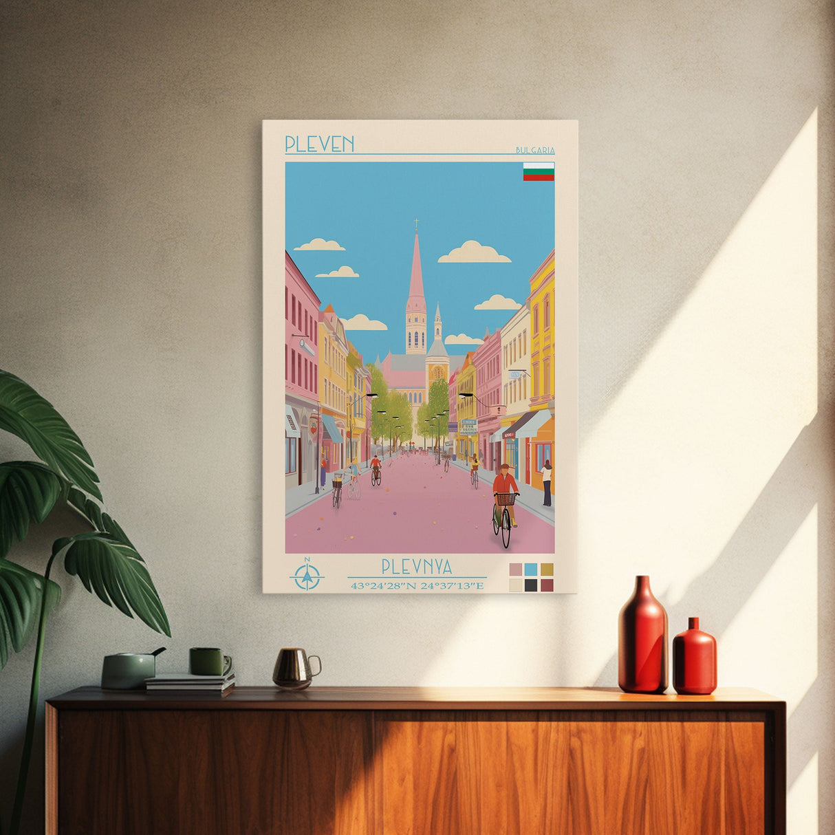 Pleven Bulgaria Travel Poster Framed Canvas Print, Midcentury Modern Art, Pop Art Wall Decor, Scenic Wall Art, Living Room Decoration, Office Gift