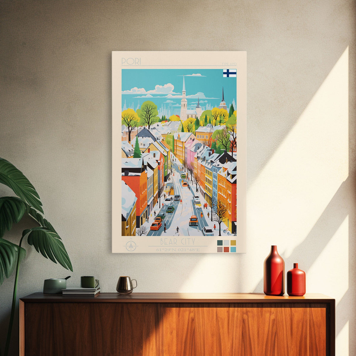 Pori Finland Travel Poster Framed Canvas Print, Midcentury Modern Art, Pop Art Wall Decor, Home Decor, Vacation Gift, Bedroom Art